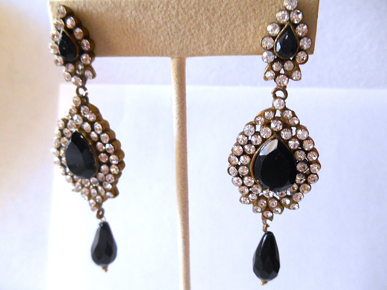 Vintage Bronzetone Clear Rhinestone & Black Teardrop Pierced Earrings