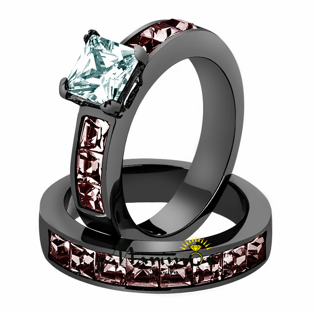 Women’s 3.75 Ct Princess Cut AAA CZ Light Black Stainless Steel Wedding Ring Set