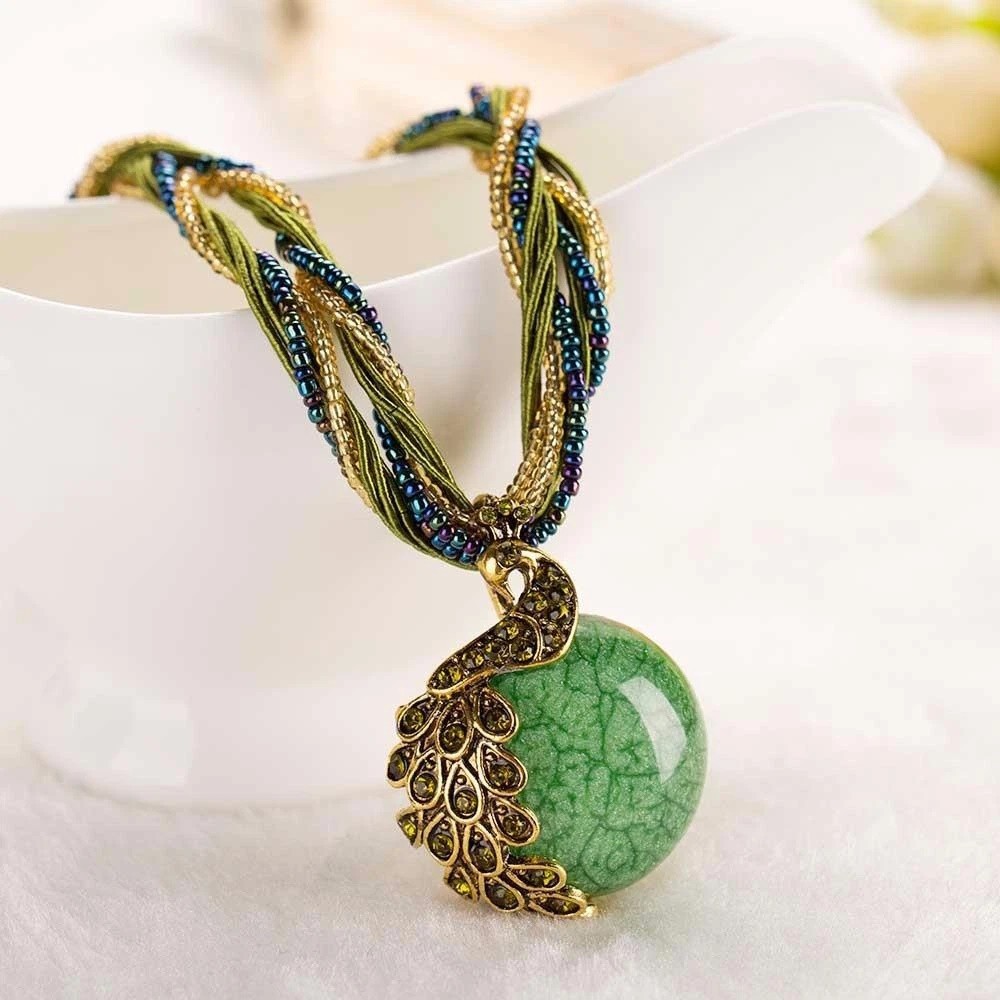 Elegant Peacock Necklace Womens Statement Pendant Bohemian Retro Style