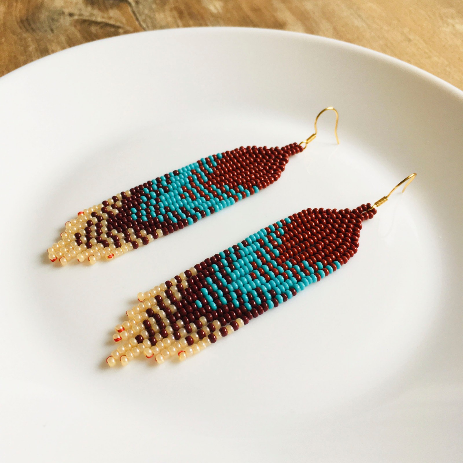 Brown Turquoise Beaded Fringe Earrings, Handmade Southwestern Boho Jewelry