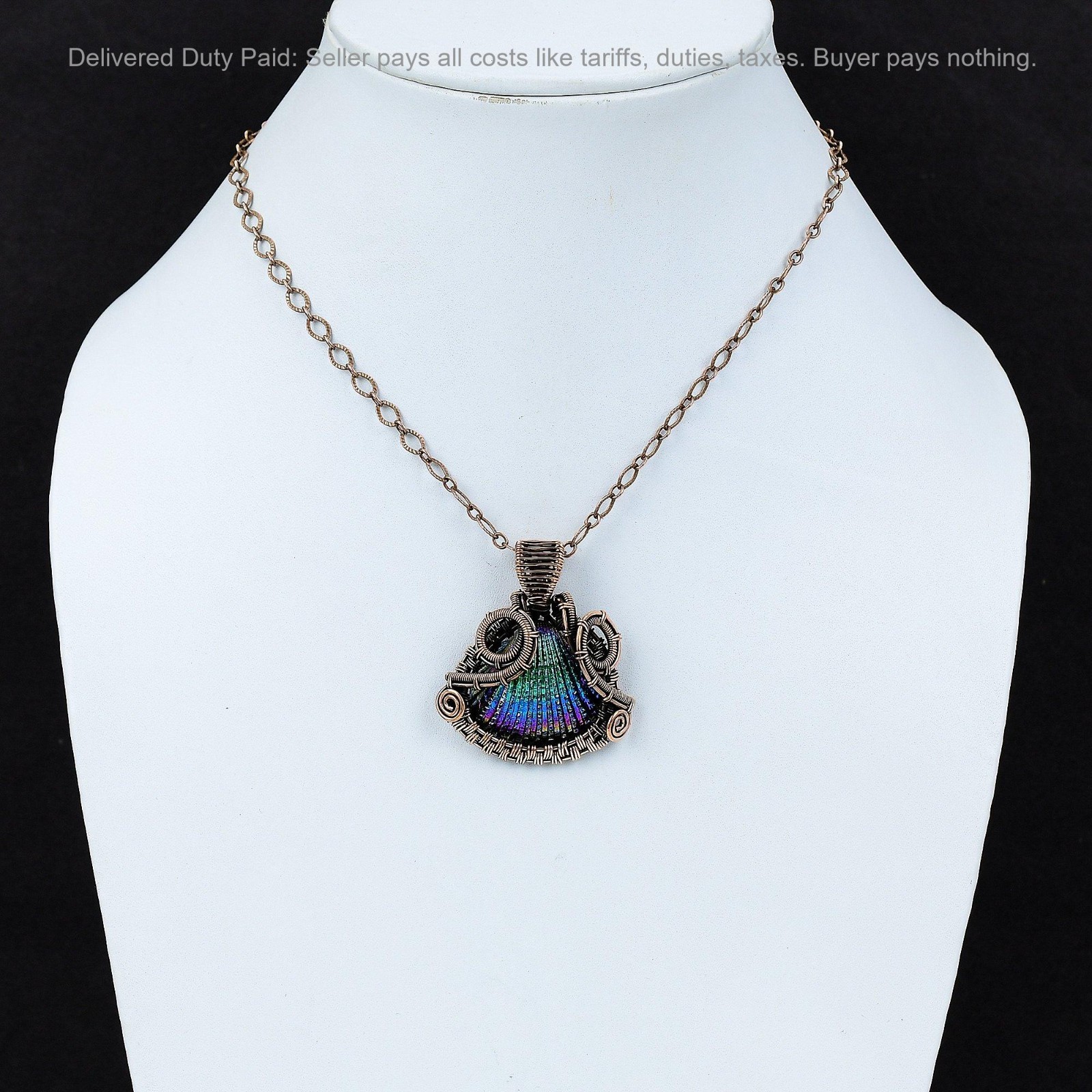 Copper Pear Titanium Coated Shell Gemstone Mother Wire Wrapped Pendant Jewelry