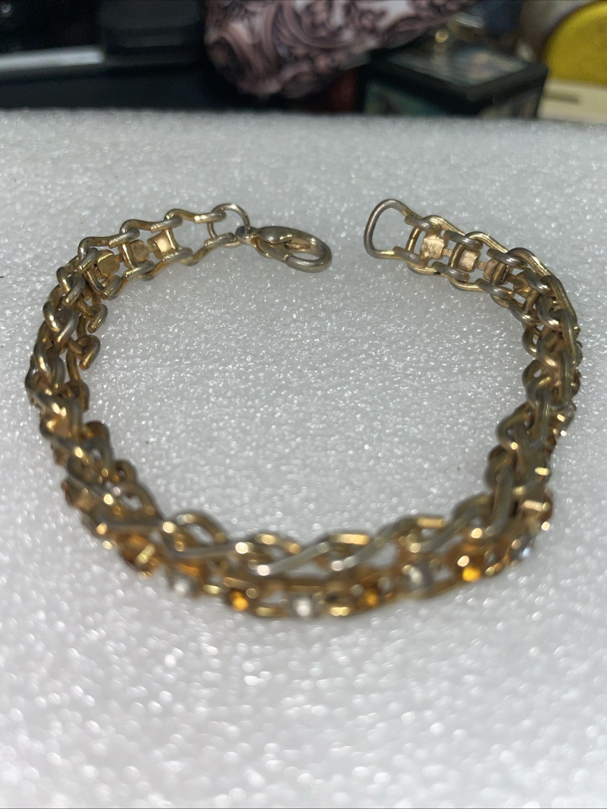 Vintage Rhinestone & Gold Tone Tennis Bracelet 7.25in Fold-Over Clasp