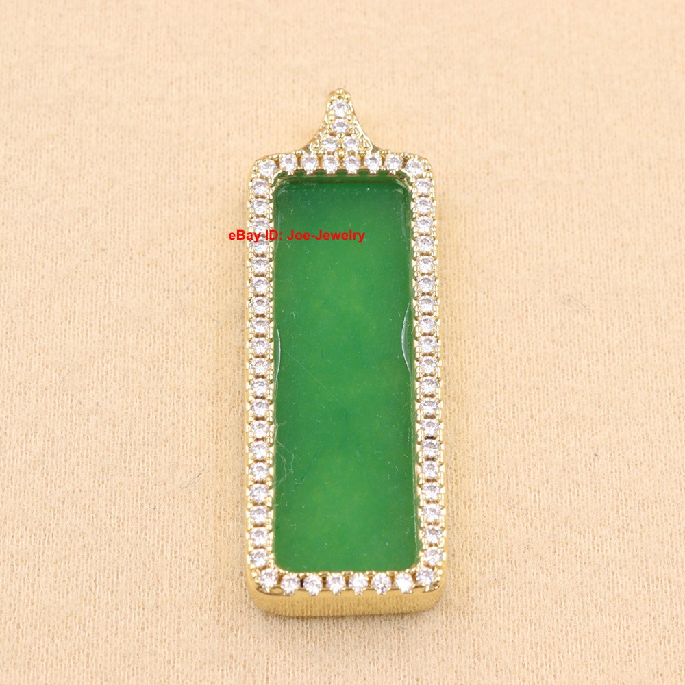 NEW Yellow GP Alloy Pendant Heated Green Jade Rectangle- Lucky Amulet Pendant
