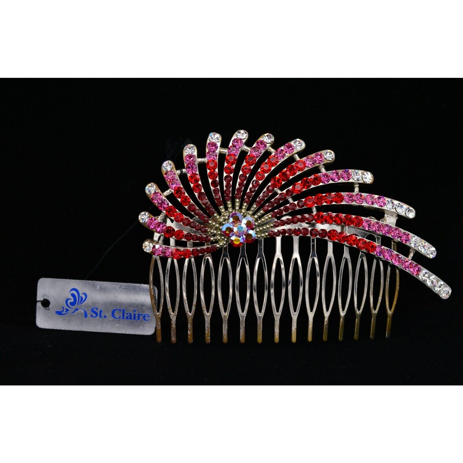 St. Clair Vintage Red Rhinestone Crystal Hair Pin Comb Aurora Borealis Pink
