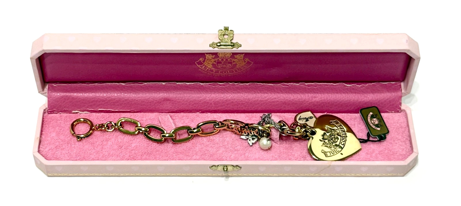 JUICY COUTURE Love Script LET THEM EAT COUTURE Gold Charm Bracelet NEW wBOX wTAG