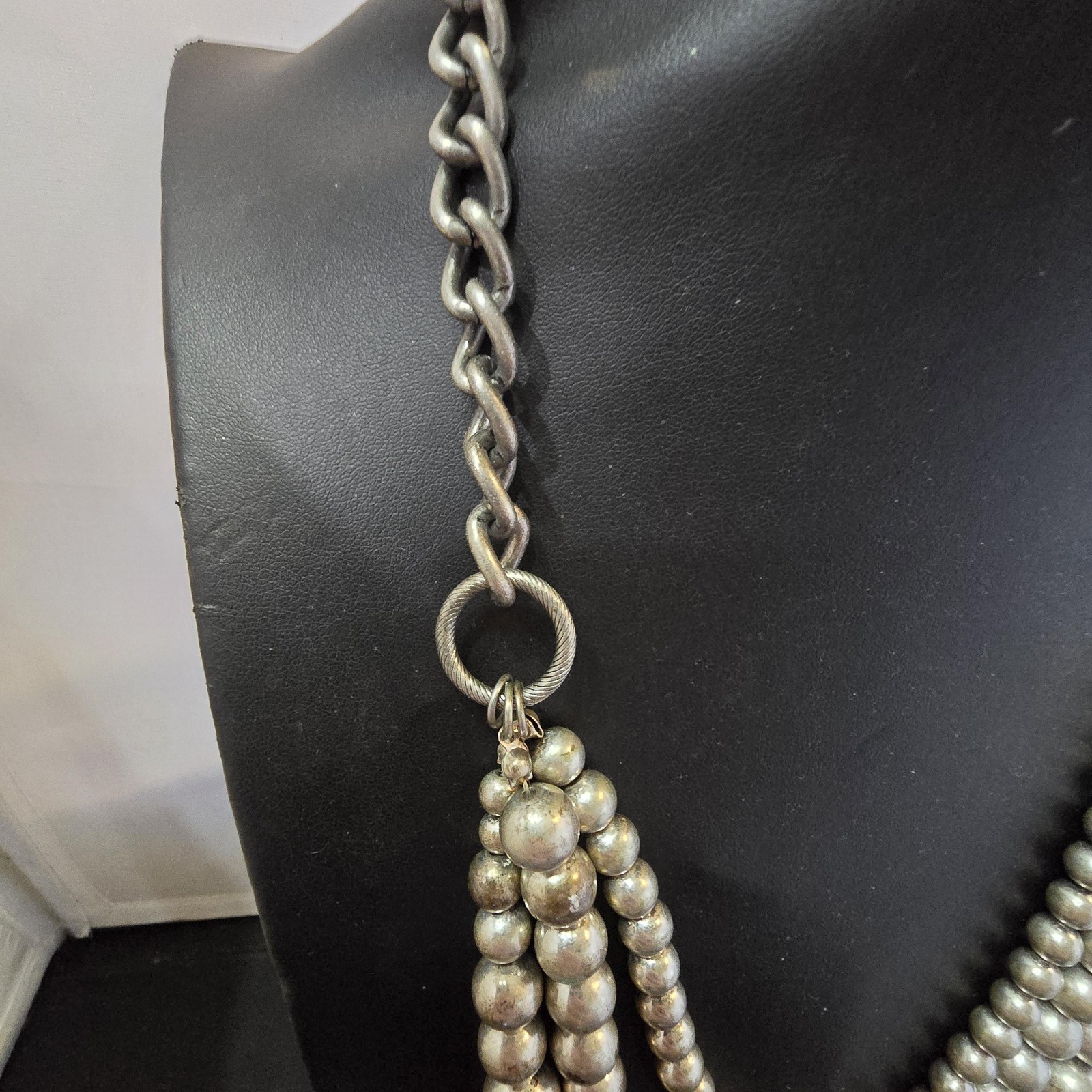 Necklace Silver Layered Beaded Statement Chain Toggle Closure Chunky Womens