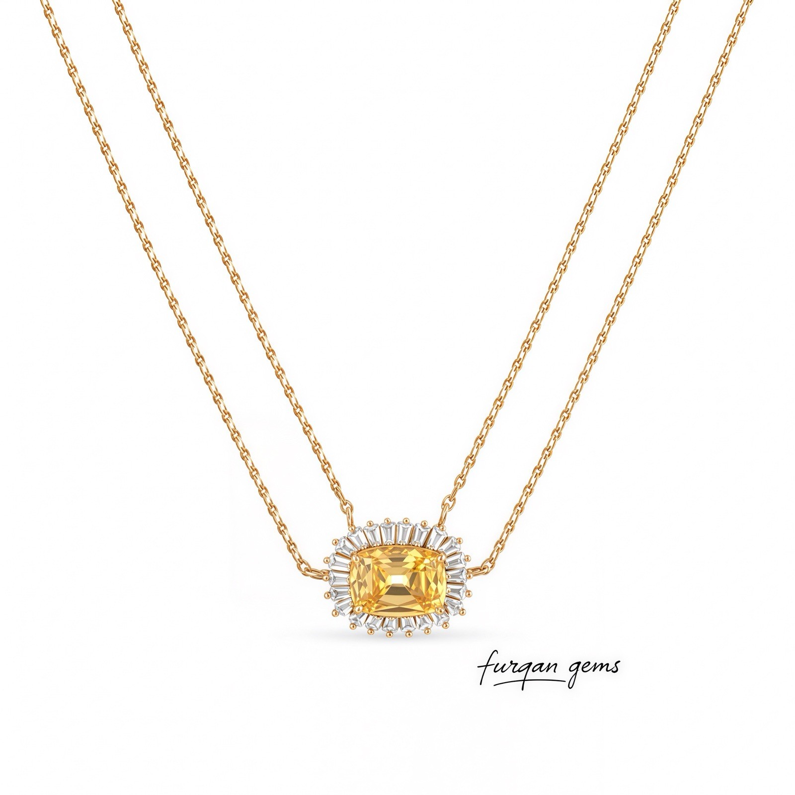 Radiant Cut Yellow CZ Silver Pendant Necklace , Halo Pave Split Shank Pendant.