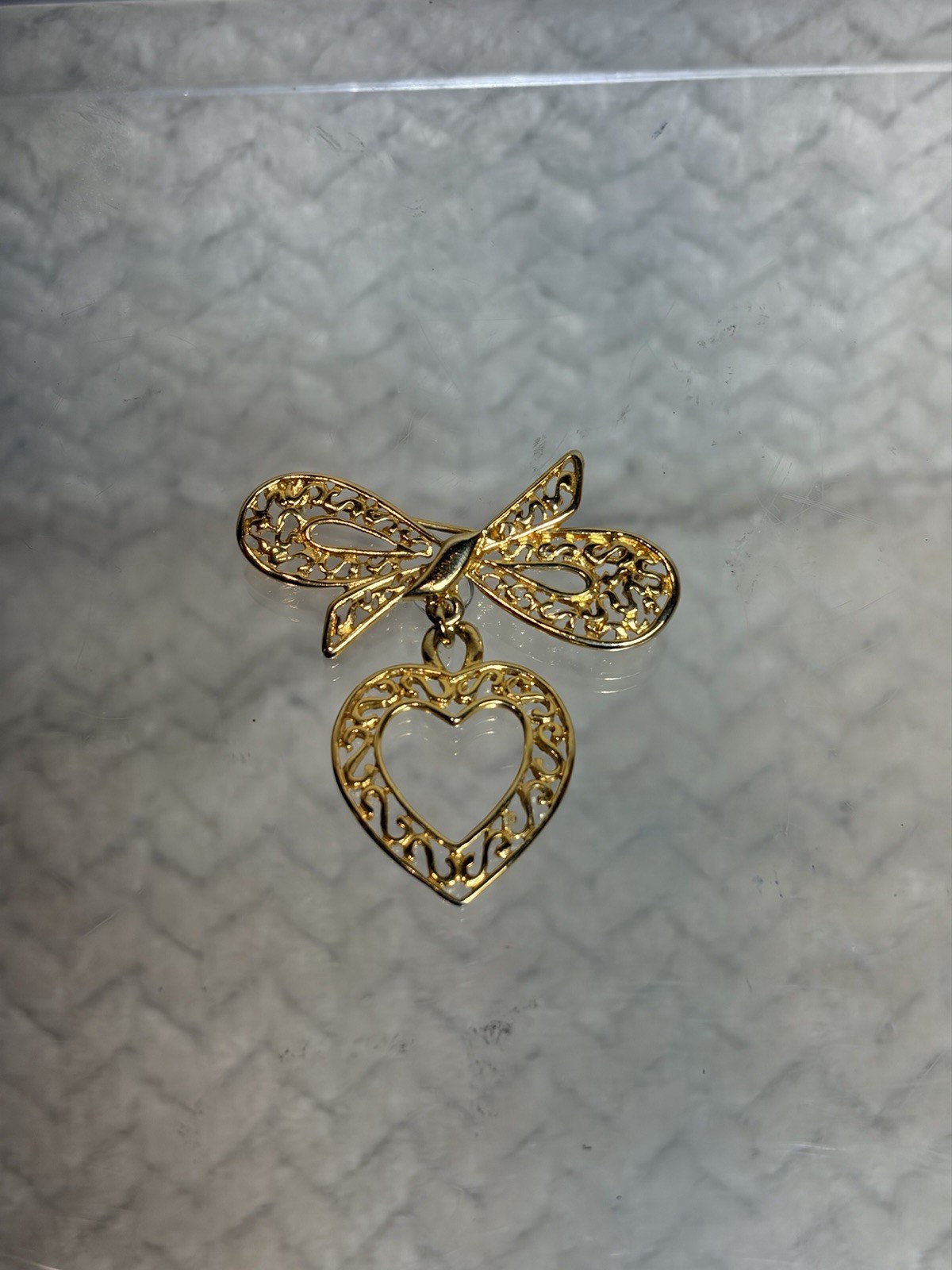 Vintage Gold Filigree Bow Brooch Heart Dangle Charm Coquette Romantic Aesthetic