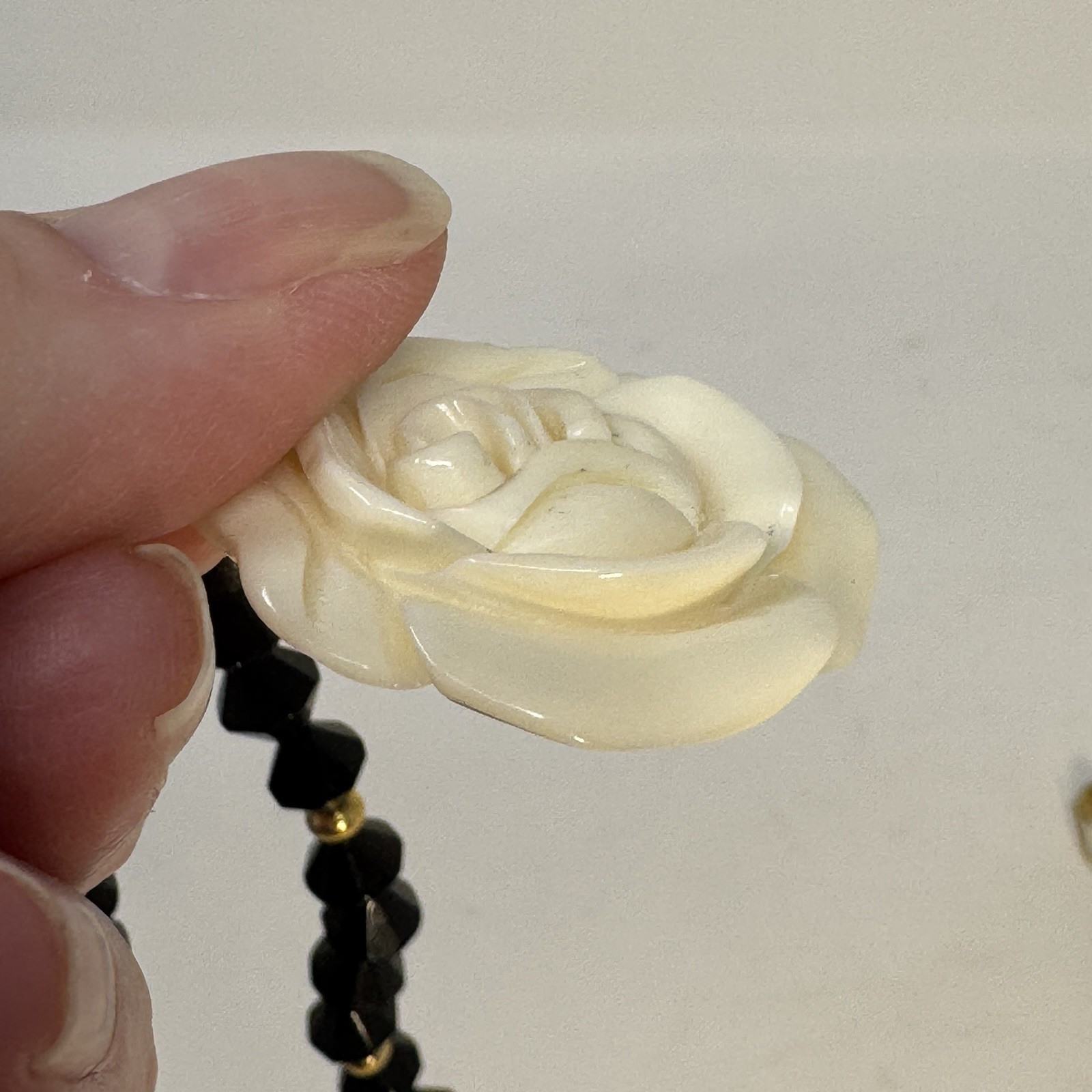 Vintage 60s Black Bicone Bead Necklace Ivory White Carved Resin Rose Pendant Set