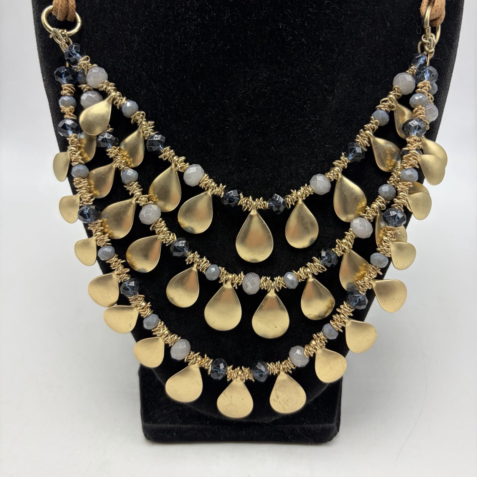 Statement Necklace Gold Tone Disc Brown Cord Gray Bead St Thomas Career Office