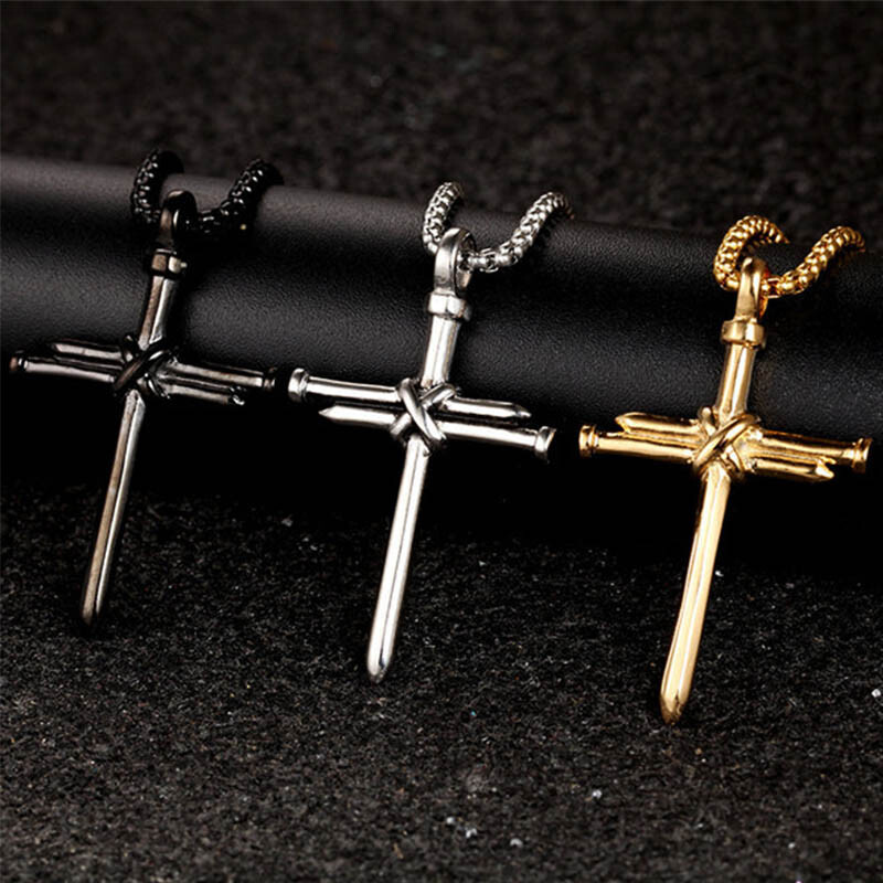 Boys Mens Christ Jesus Nail Crucifix Cross Pendant Necklace With 24 Inch Chain