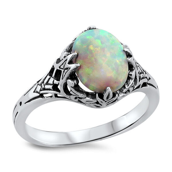 925 STERLING SILVER VICTORIAN STYLE LAB-CREATED OPAL FILIGREE RING 486X