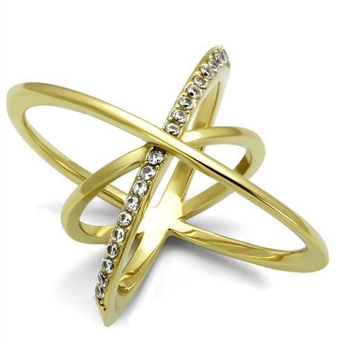 Women’s Ring, Clear CZ, 14K Gold Plated, Stainless Steel, Crisscross Design