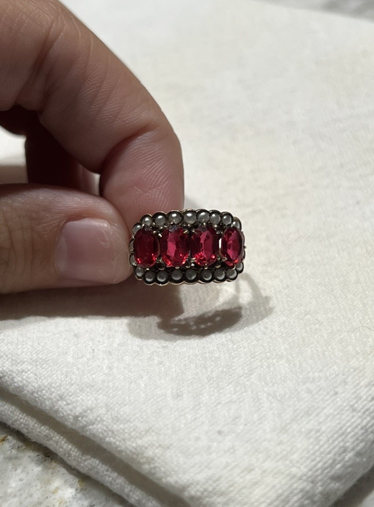Vintage Rubellite Ring With Seed Pearls, Gold, Size 7 but can adjust (pictured)