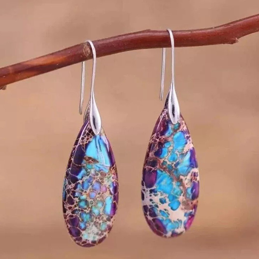 Drop Earring Natural Imperial Jasper Stone Teardrop Dangle Earrings Silver Hook