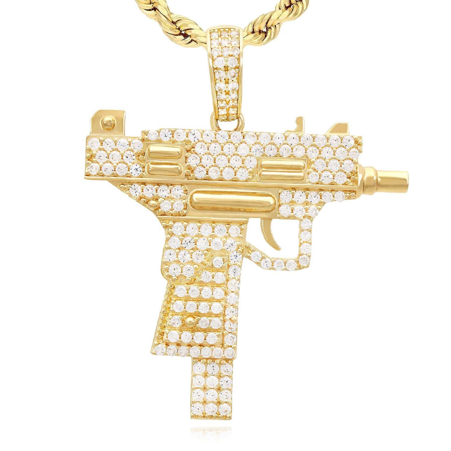 14K Yellow Gold Pave Uzi Machine Gun Pistol Pendant 1.8″