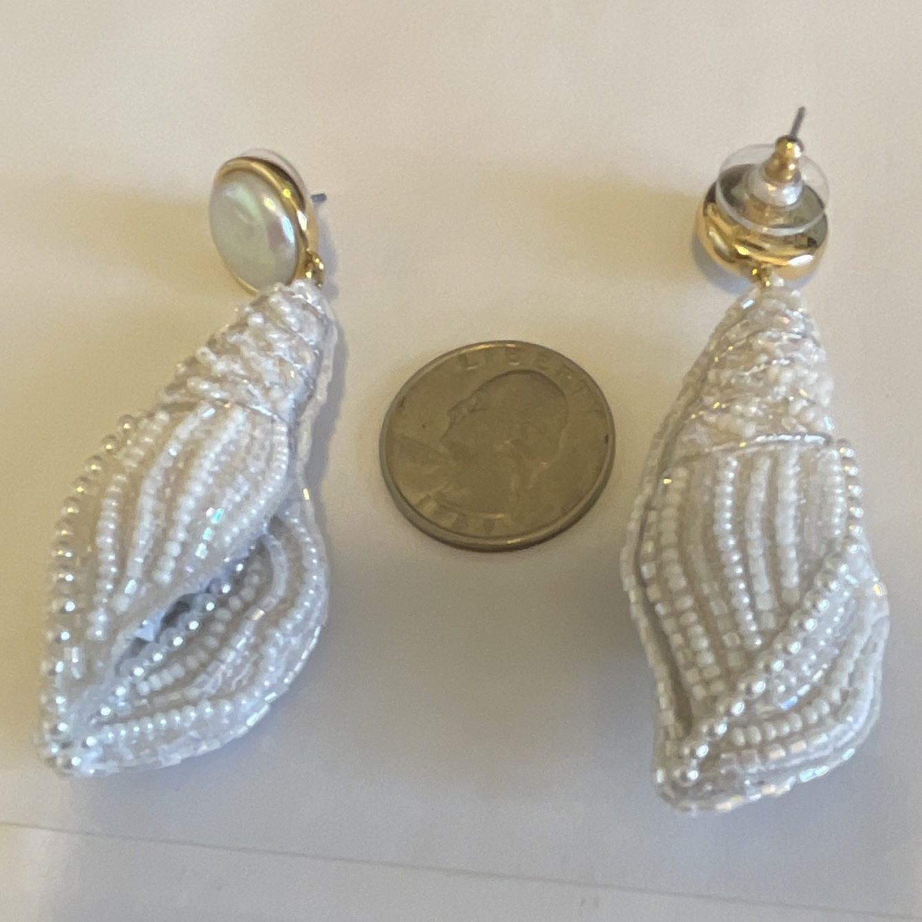 White Beaded Dangle/Drop Earrings, Butterfly Closure, No Stone