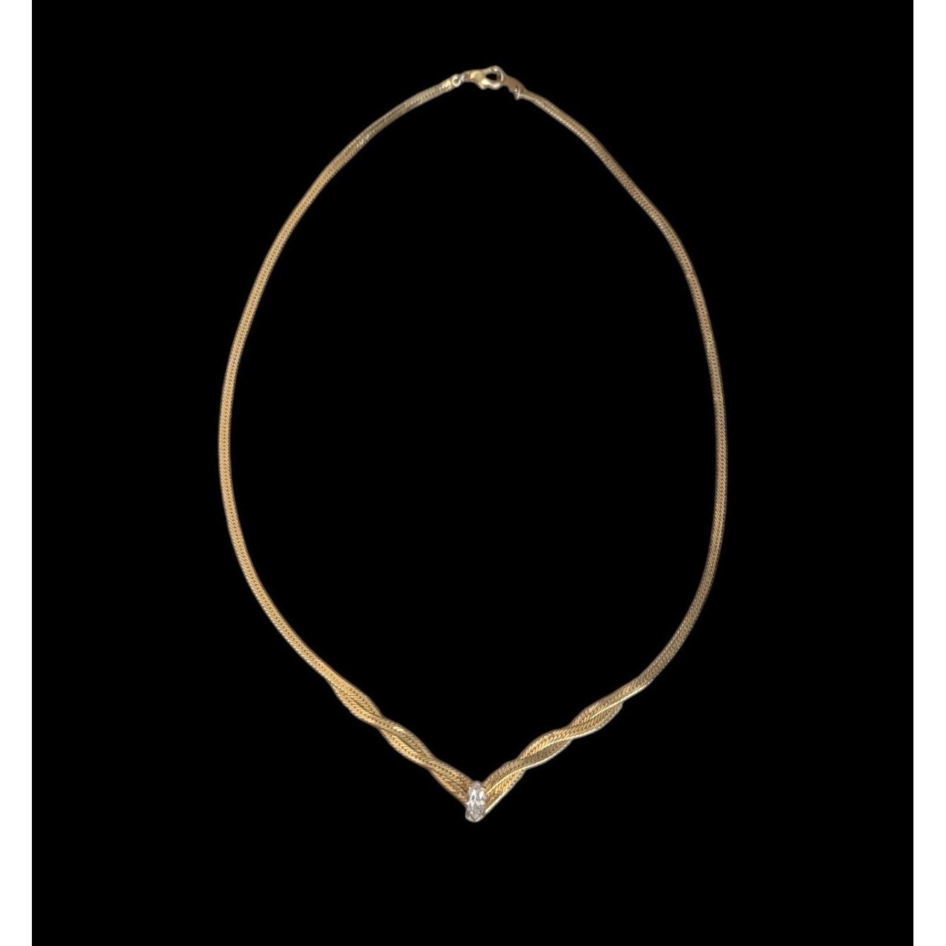 Vintage Gold Plated Herringbone Twisted V Necklace Marquise Crystal SP Signed