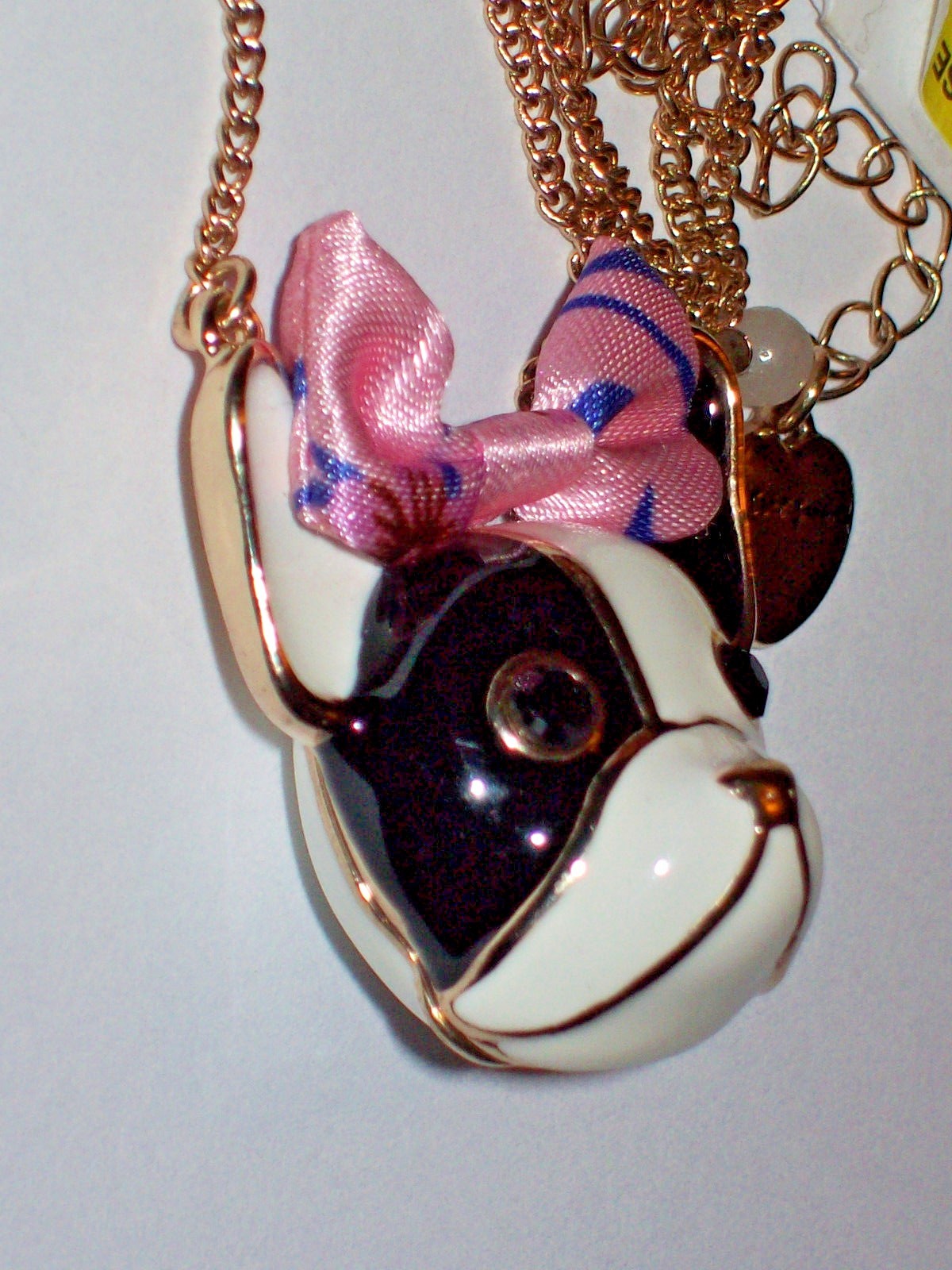 Betsey Johnson Black and White Enamel Pink Bow Bulldog Puppy Dog Necklace NEW
