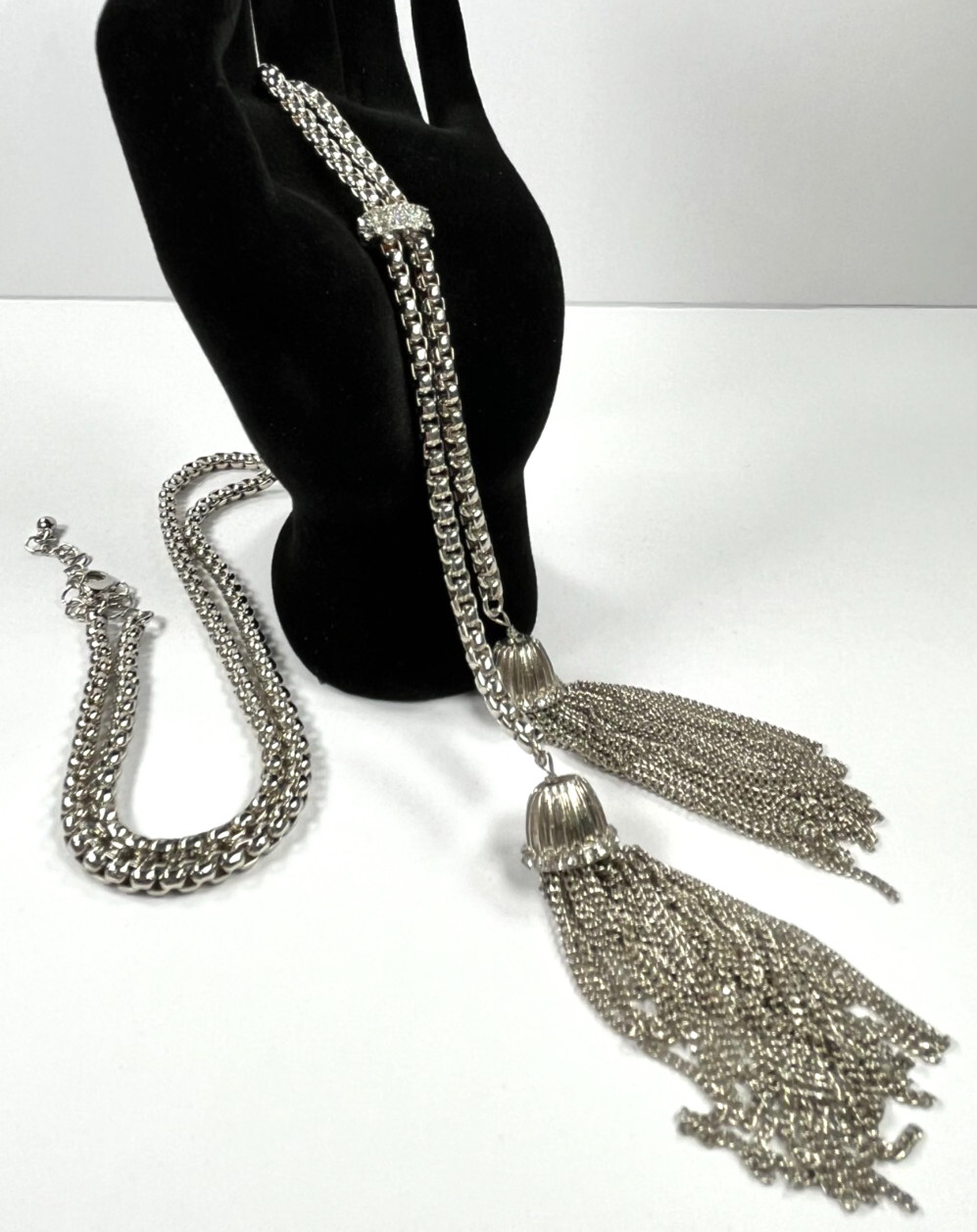 Silver Tone Tassle 19″ Necklace with Rhinestones