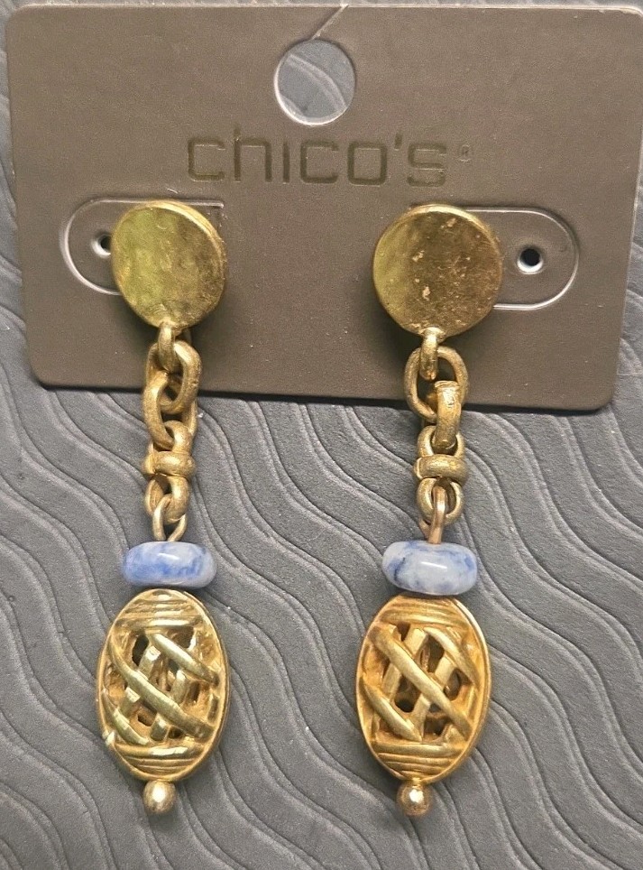 Chico’s Dangle Stud Earrings Gold Tone With Blue Stone