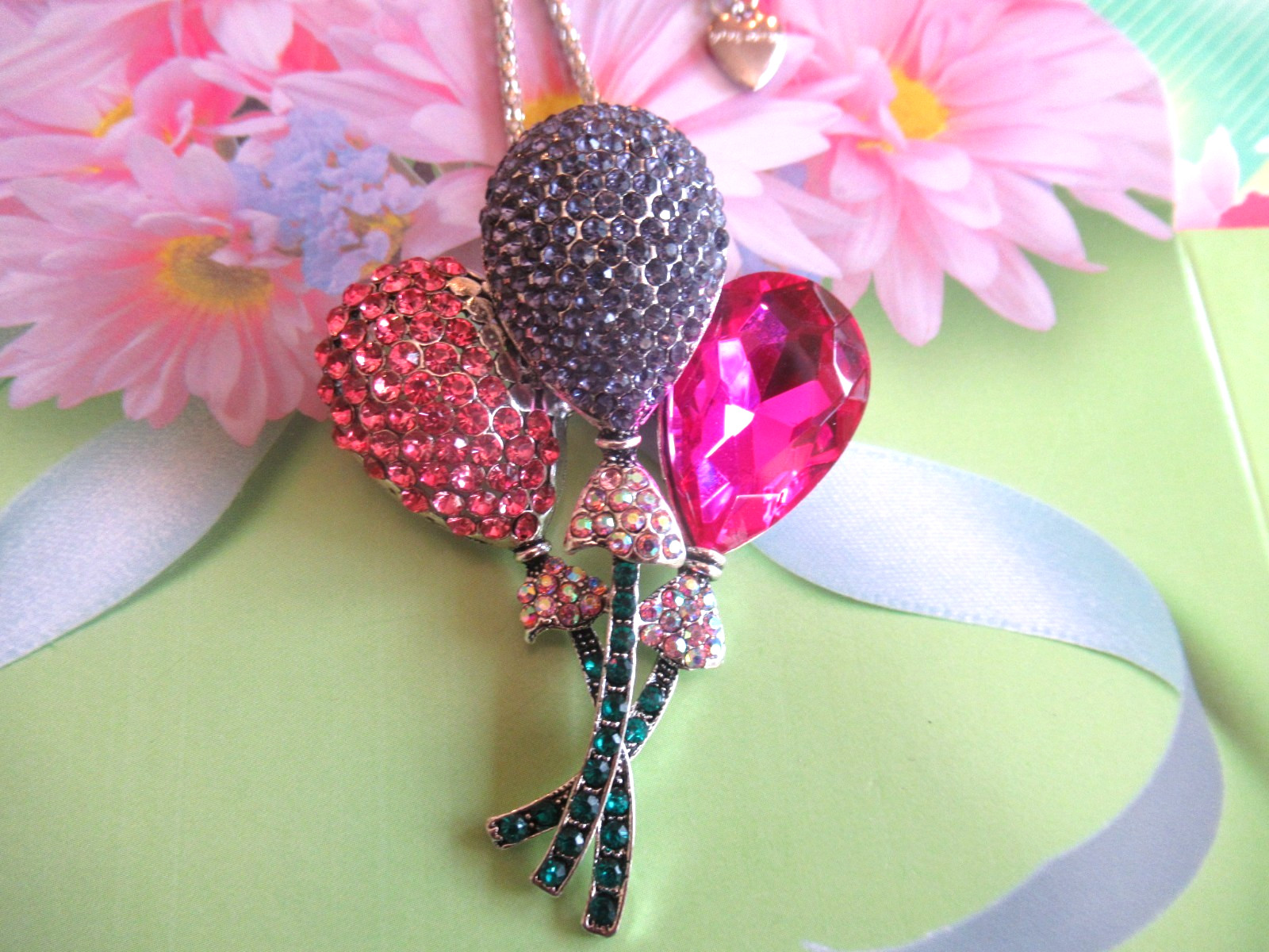 Designer Style PINK PURPLE Crystal B-Day Balloons Pendant NECKLACE/ BROOCH NEW