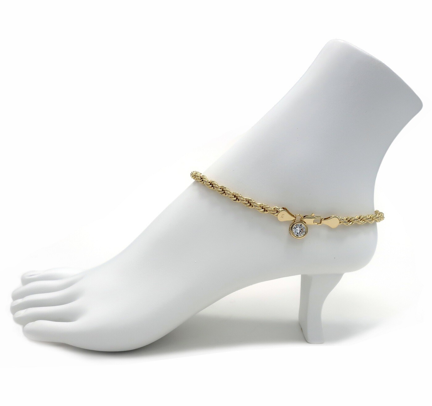 5mm TWIST ROPE CHAIN ANKLET CUBIC STONE ANKLE BRACELET 14K ITALY GOLD PLATED