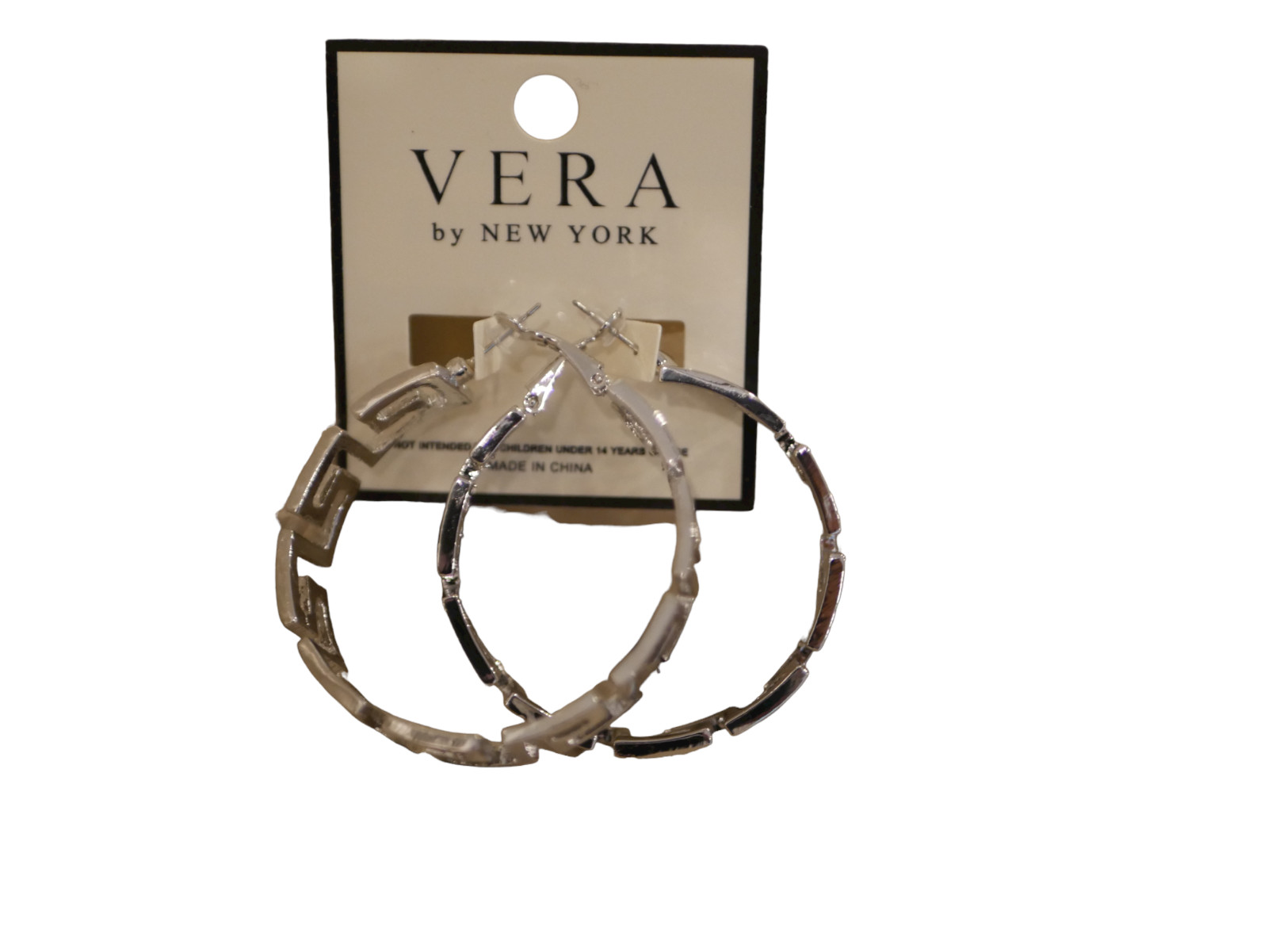 NEW LARGE GREEK KEY ROUND HOOP EARRINGS SILVER VERA BY NEW YORK 2 INCHES