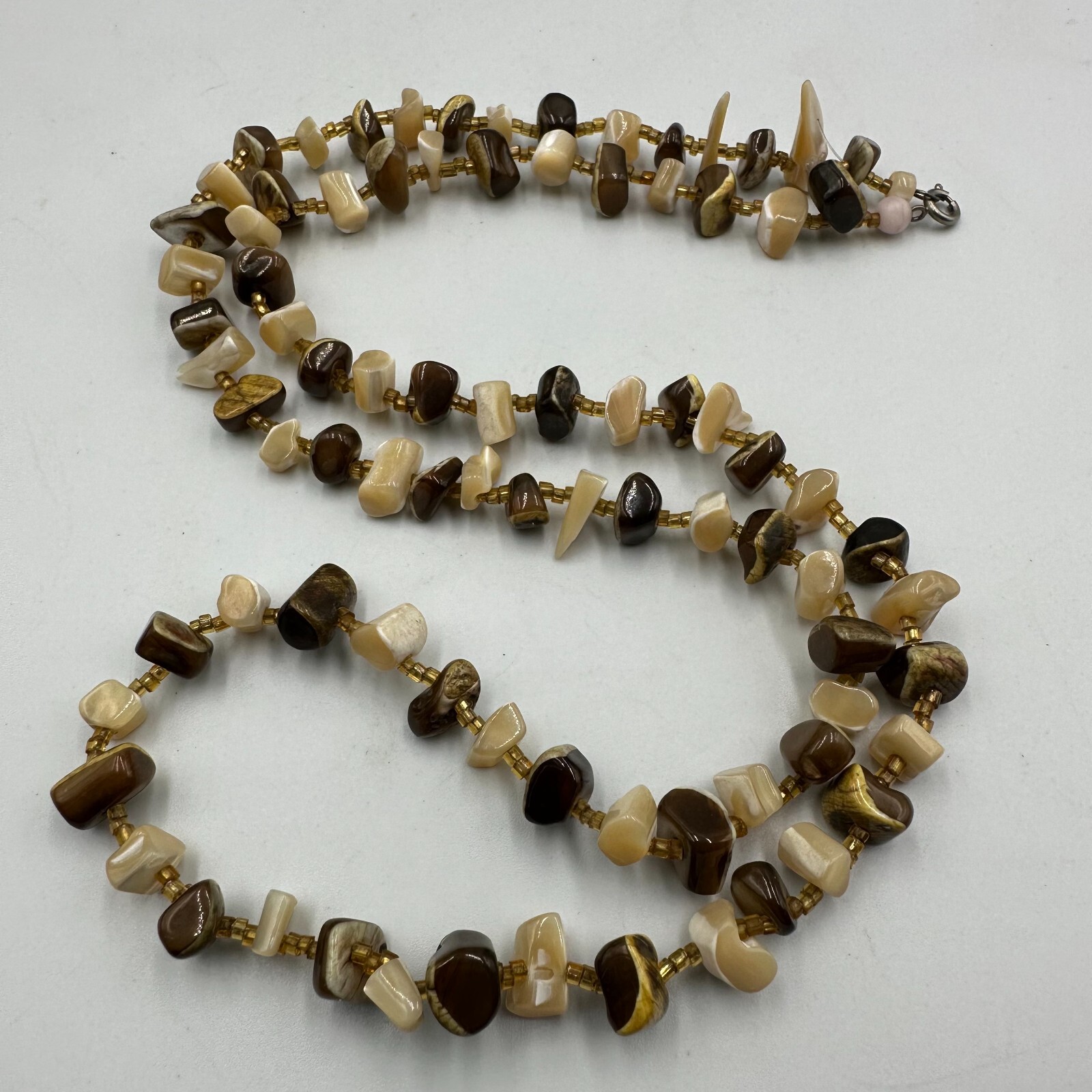 Neutral Tone Chip Bead Necklace Brown Beige Shell Look Single Strand Natural 28″