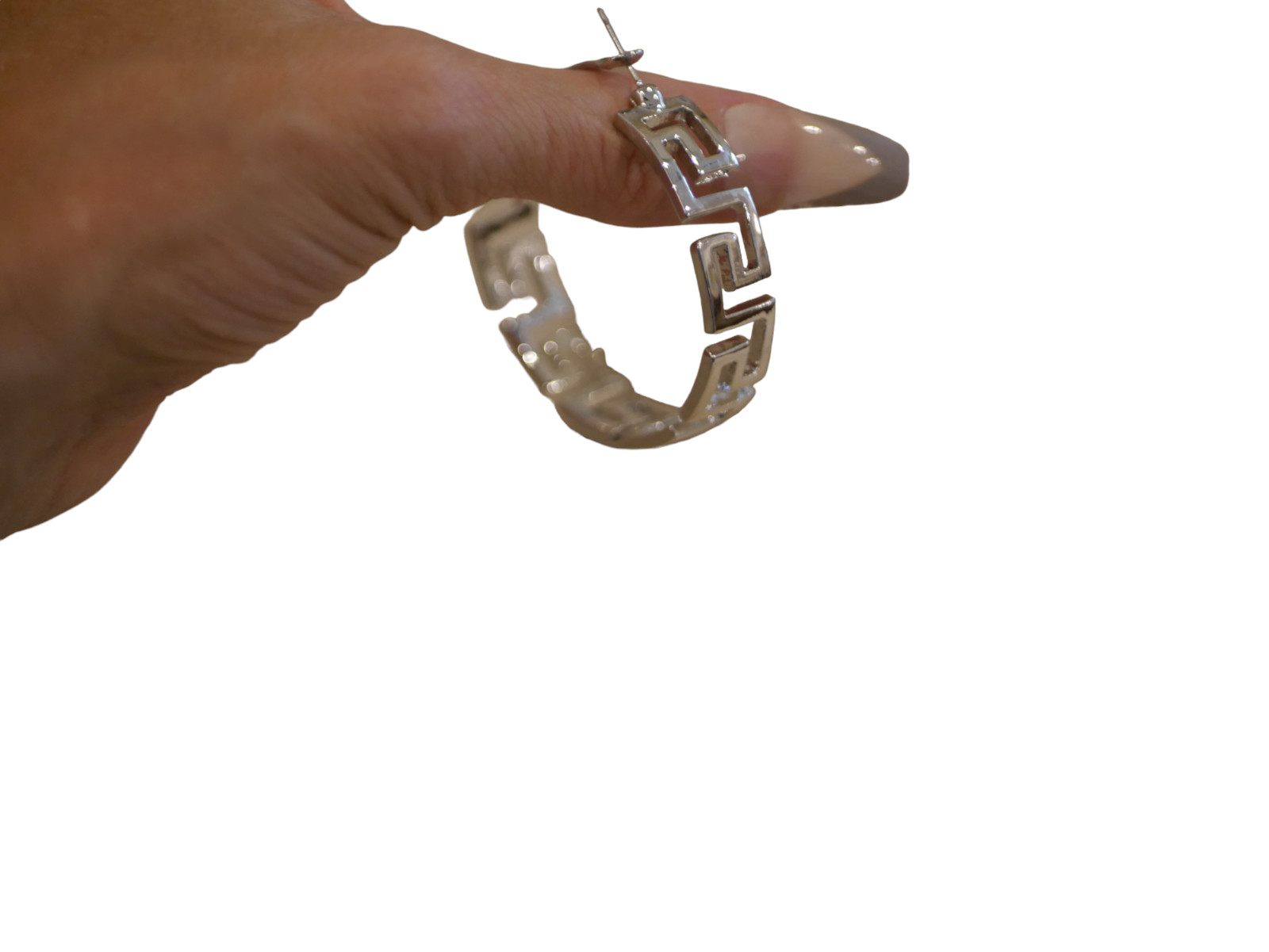 NEW LARGE GREEK KEY ROUND HOOP EARRINGS SILVER VERA BY NEW YORK 2 INCHES