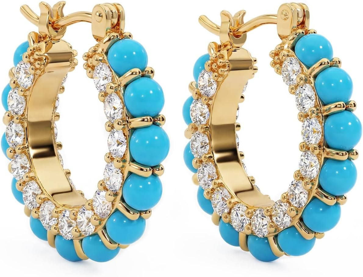Gold Hoop Earrings for Women, 14K Gold Plated Dainty Beaded Earrings Boho Turquo