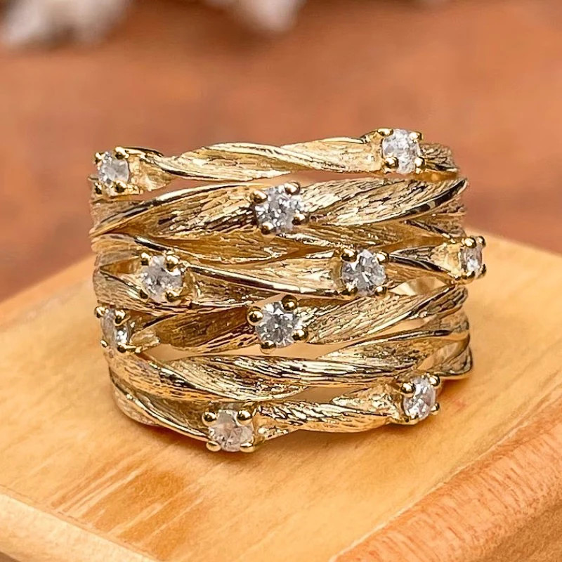Cocktail Ring Wide Twist Gold Color Prong Setting Geometric Women Jewelry