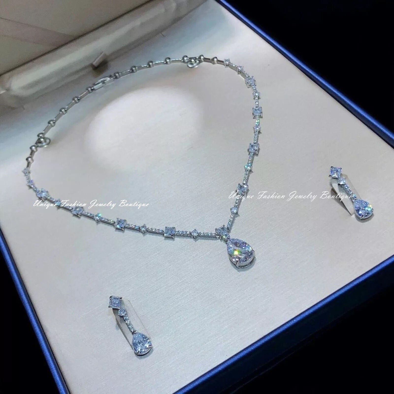 18k Platinum Plated Lab-Created White Sapphire Diamond Necklace Earrings Set