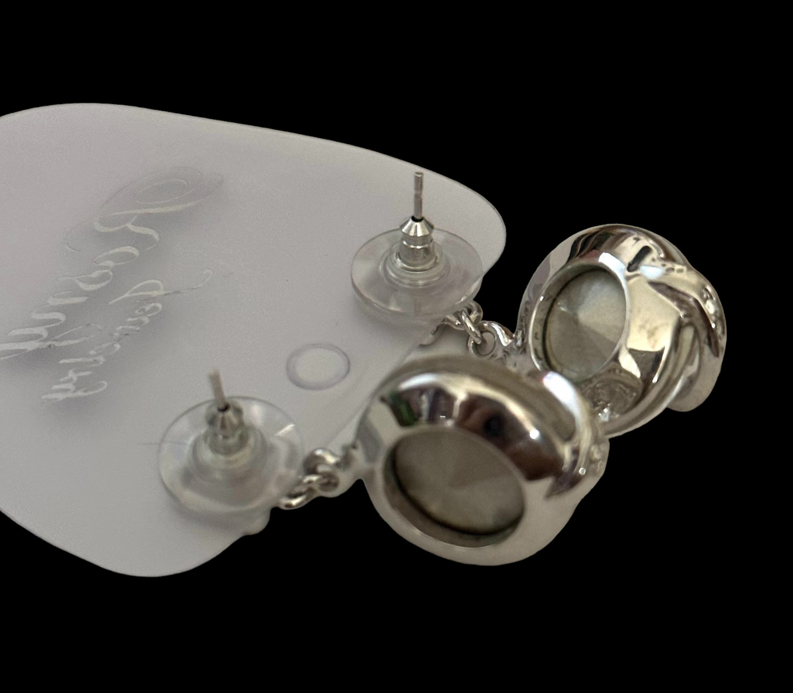 Fashion Post Back Earrings-square post- dangling circle-crystals- silver color