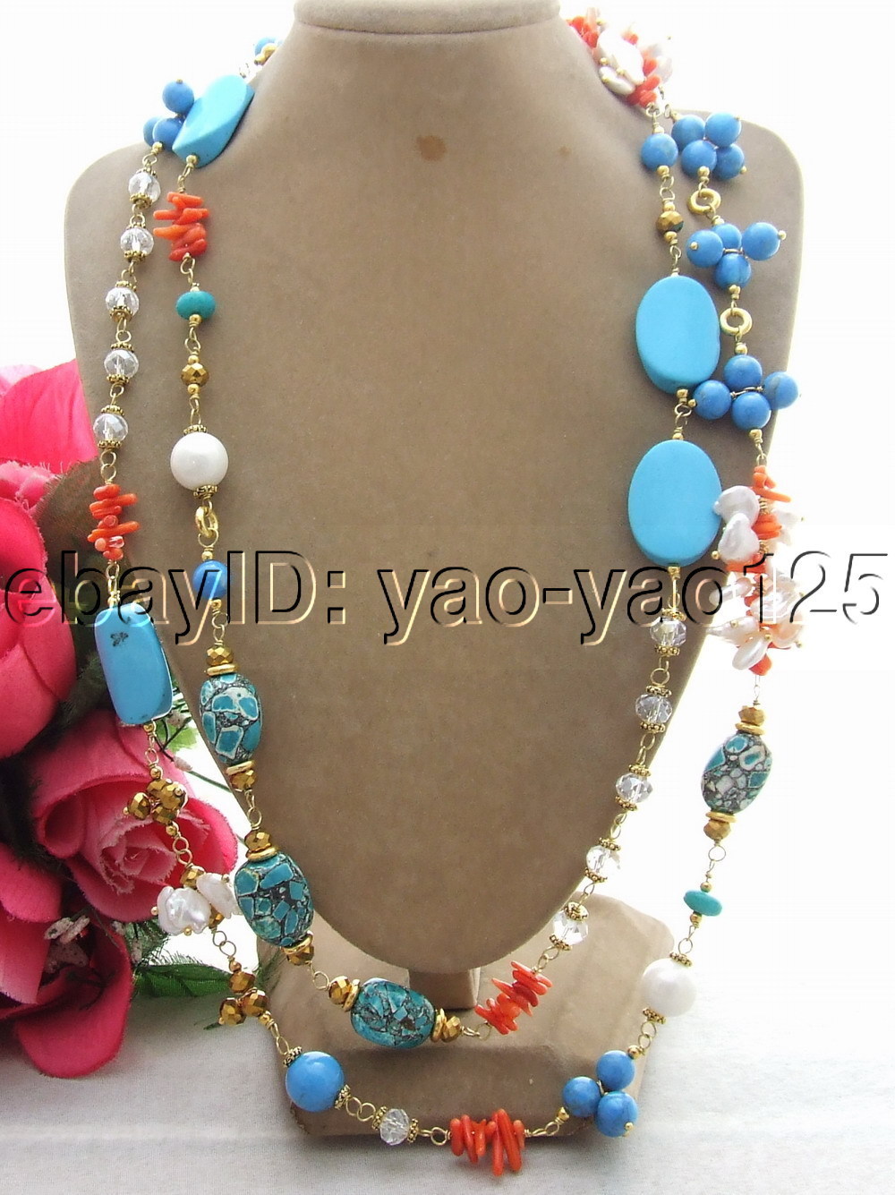 50” Keshi Pearl Turquoise Coral Crystal Necklace Long necklace