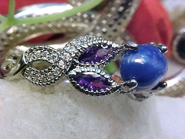 Blue Star Sapphire Ring 8X6mm & Amethyst & White Topaz 925 Sz 10.25