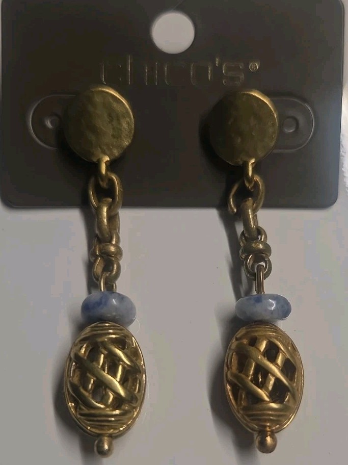 Chico’s Dangle Stud Earrings Gold Tone With Blue Stone