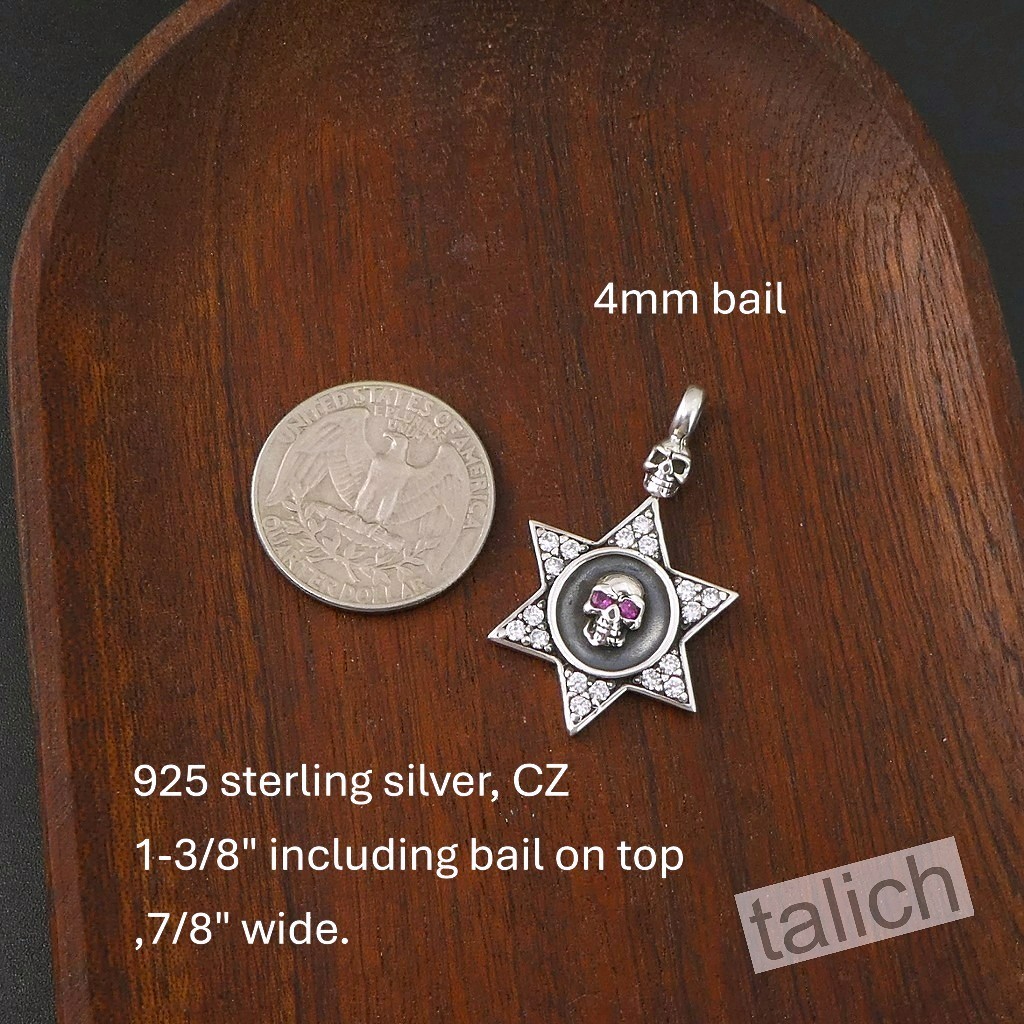 Shiny 925 Sterling Silver Six Pointed Star with Pink CZ Eye Skull Amulet Pendant