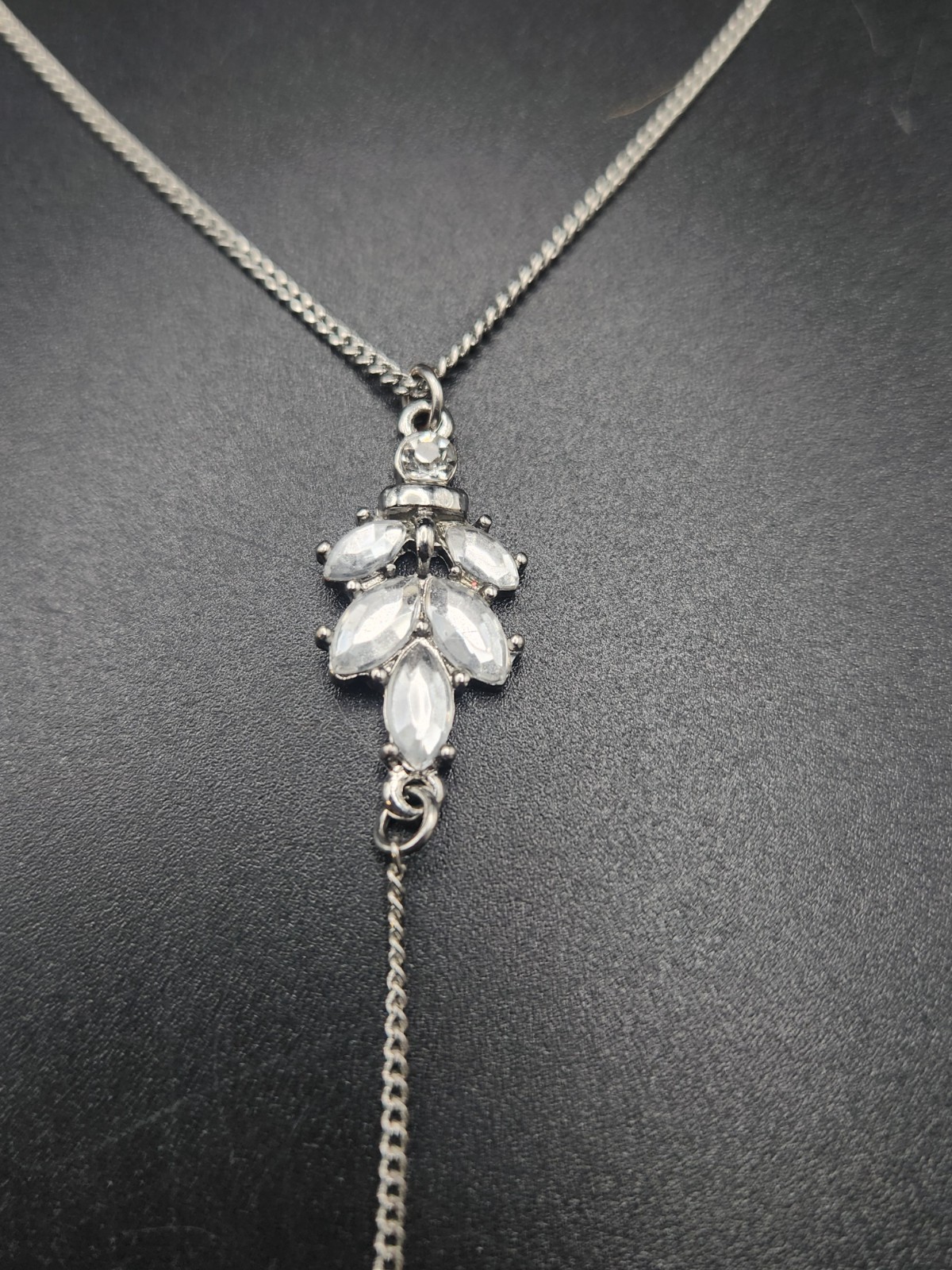 #0033 – Charming Charlie Silver Tone Y Necklace Clear Crystal Teardrop…