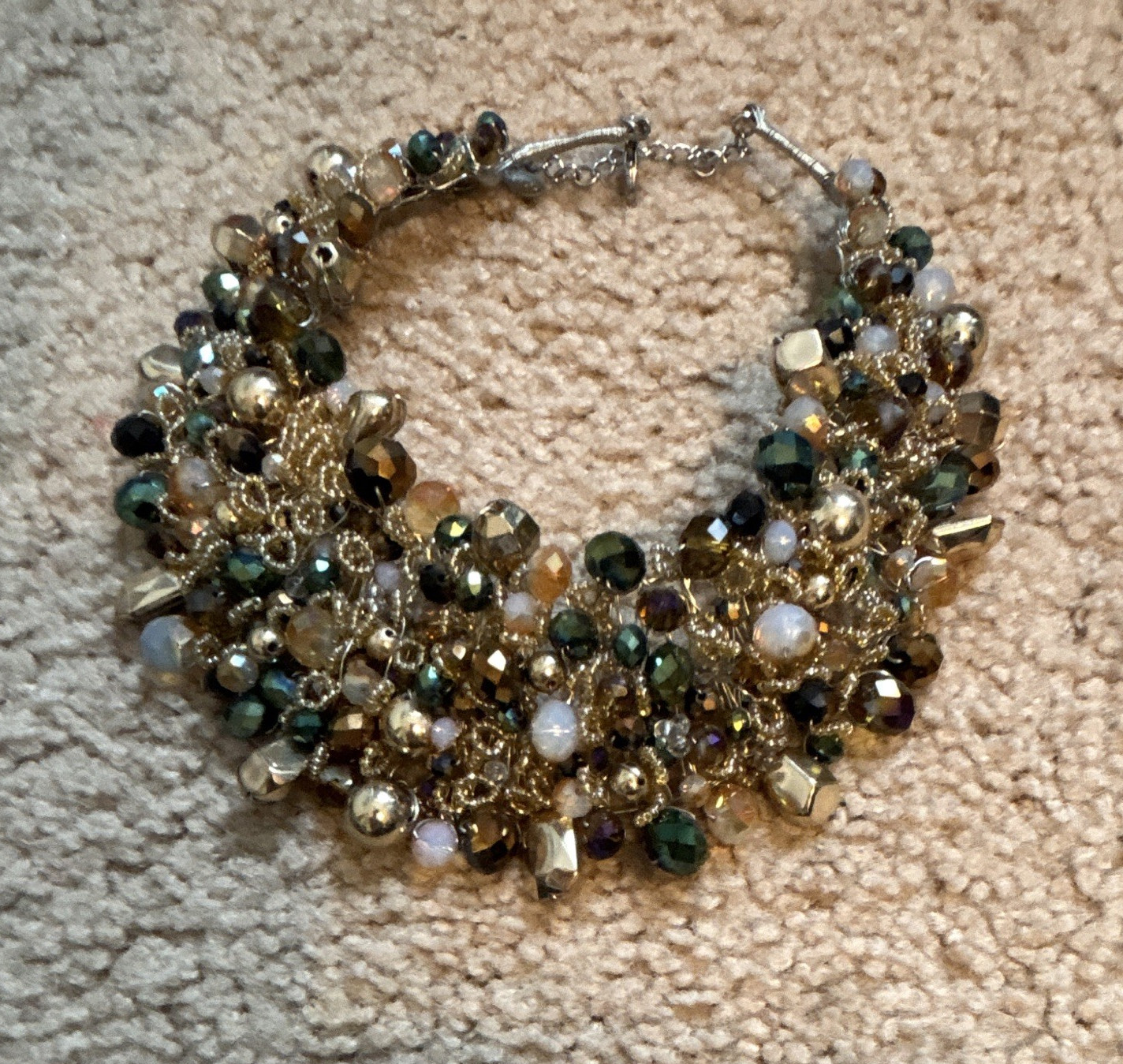 ALDO Signed Gold Tone Statement Bib Necklace Green Crystal Glass Beads Lobster
