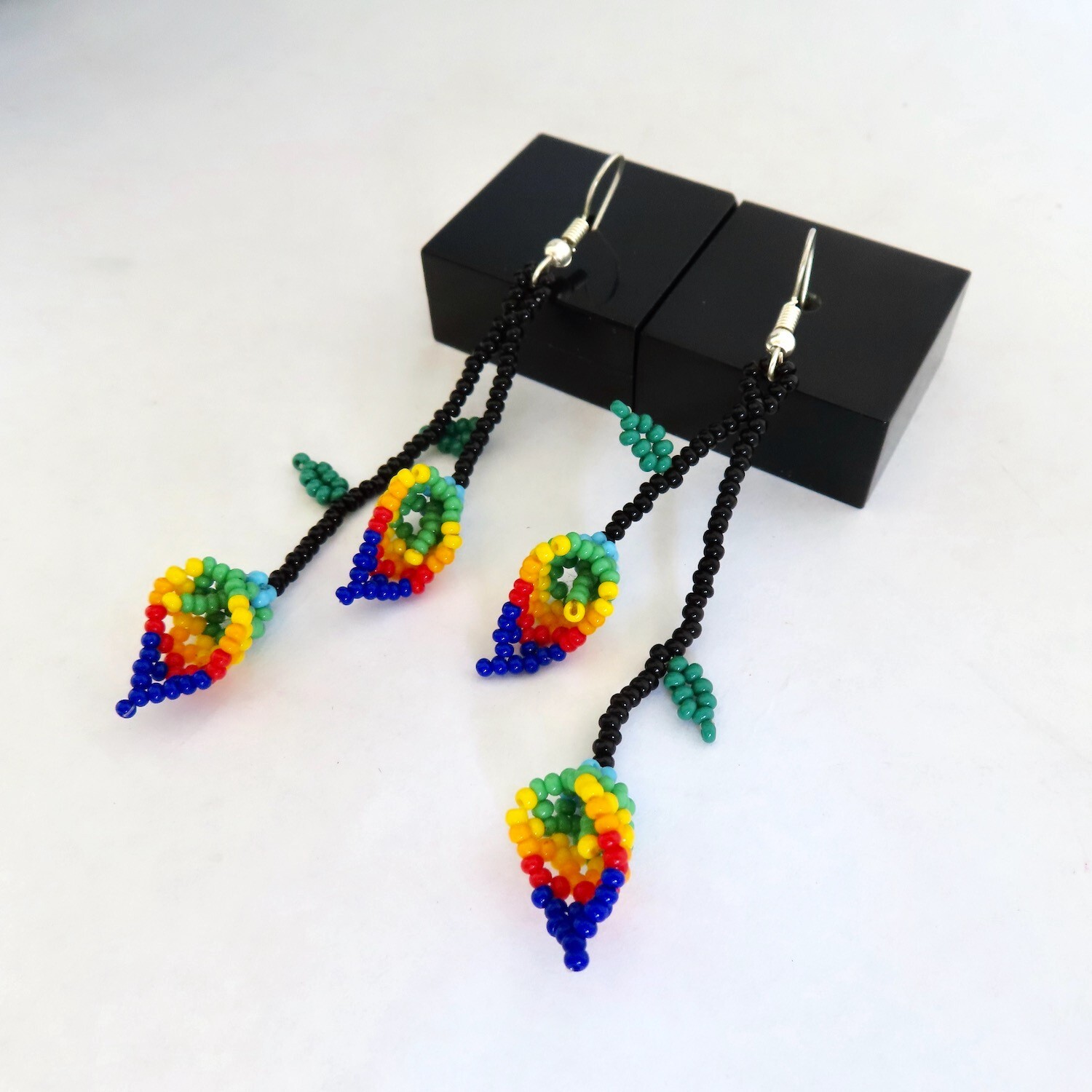 Tribal Earrings Blue Red Beaded Calla Lily Flower Huichol Ethnic Mexico Folk Art