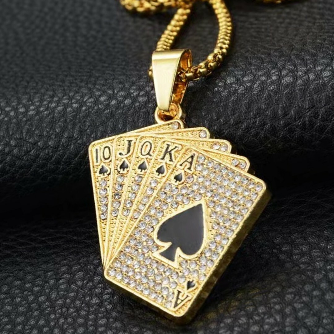 Mens Gold Playing Card CZ Poker Pendant Necklace Punk Hip Hop Jewelry Chain 24″
