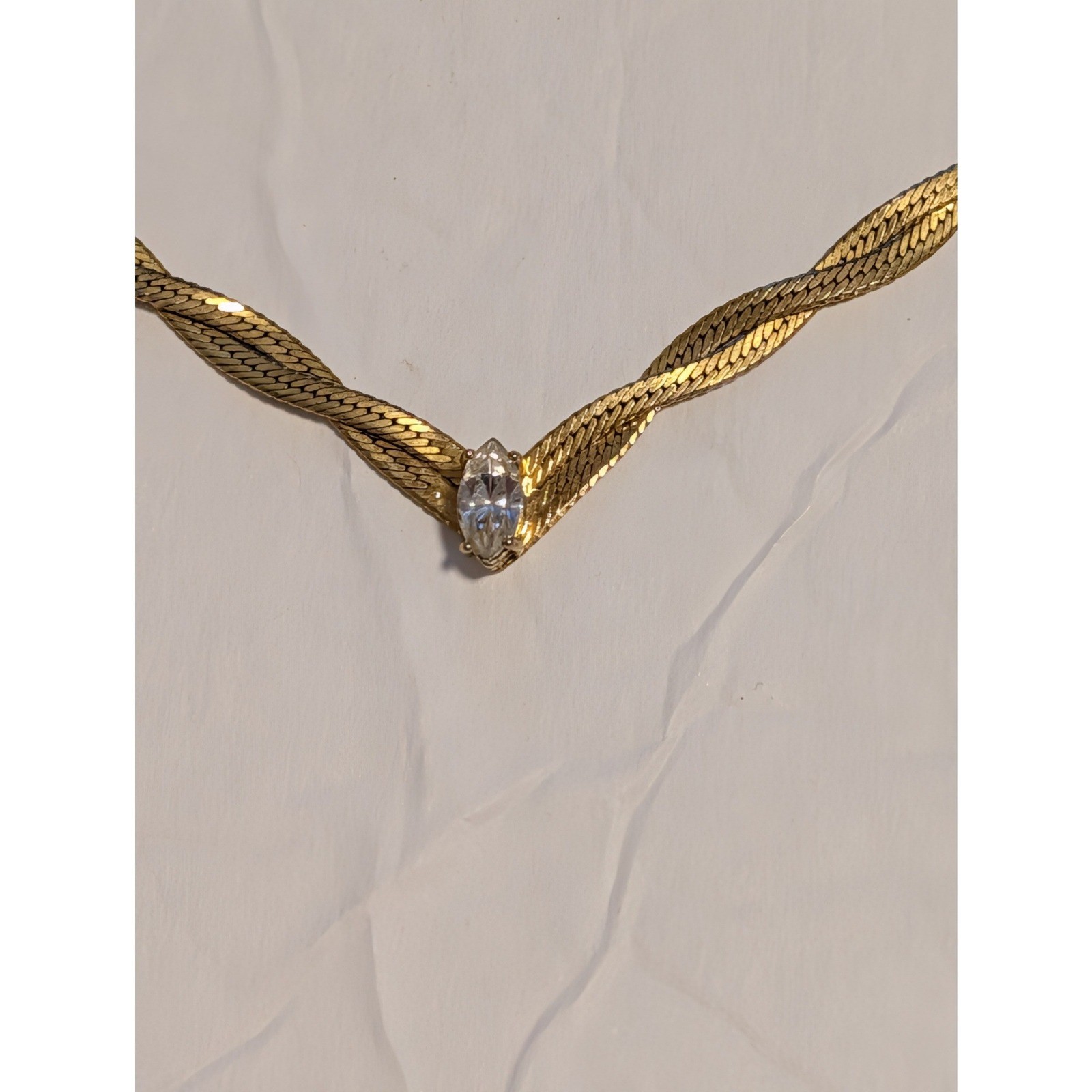 Vintage Gold Plated Herringbone Twisted V Necklace Marquise Crystal SP Signed