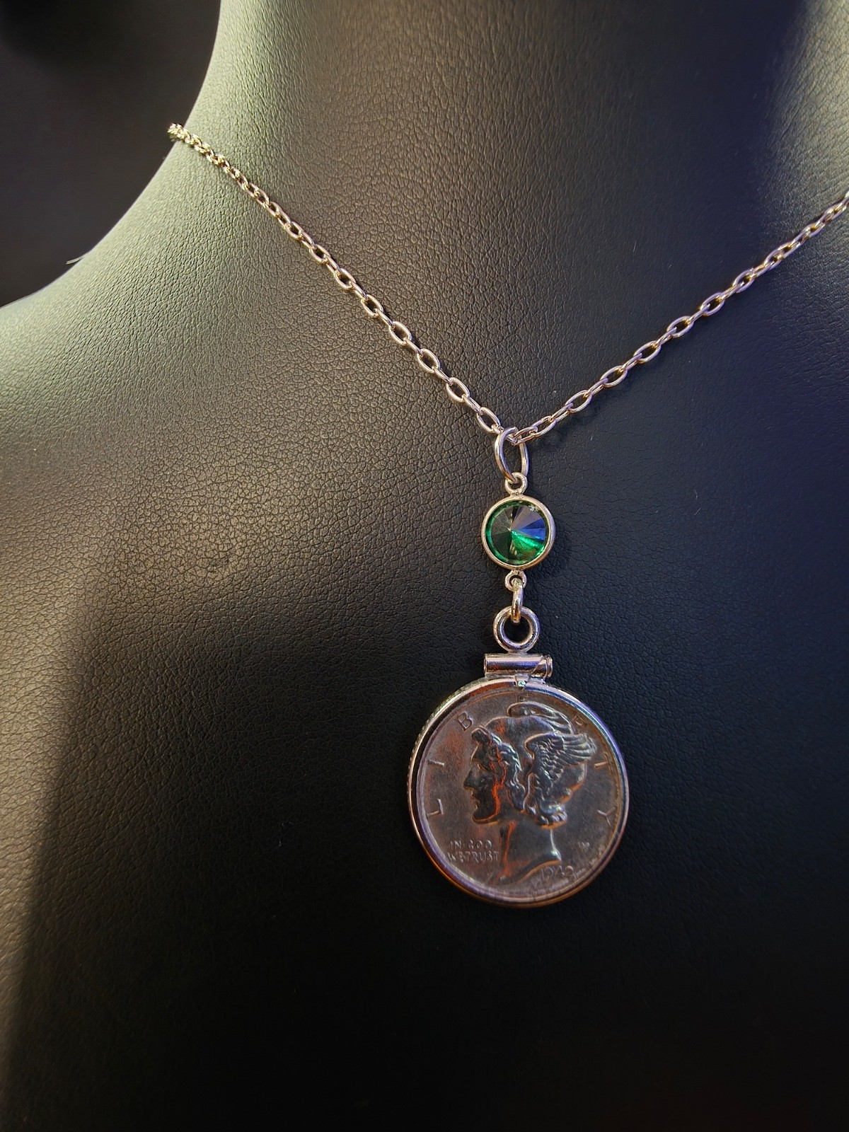 Vintage Mercury Dime Necklace Sterling Silver 925 Coin Pendant Emerald Green CZ