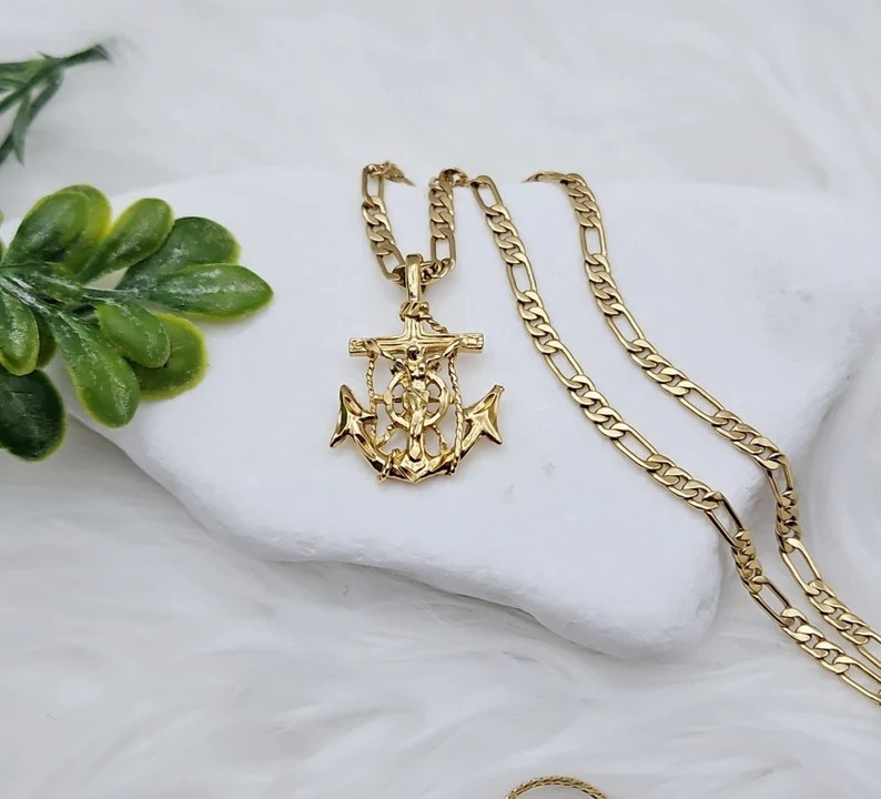 Gold Anchor Crucifix Pendant With 4mm Round Figaro Chain, 14k Heavy Plated Gold