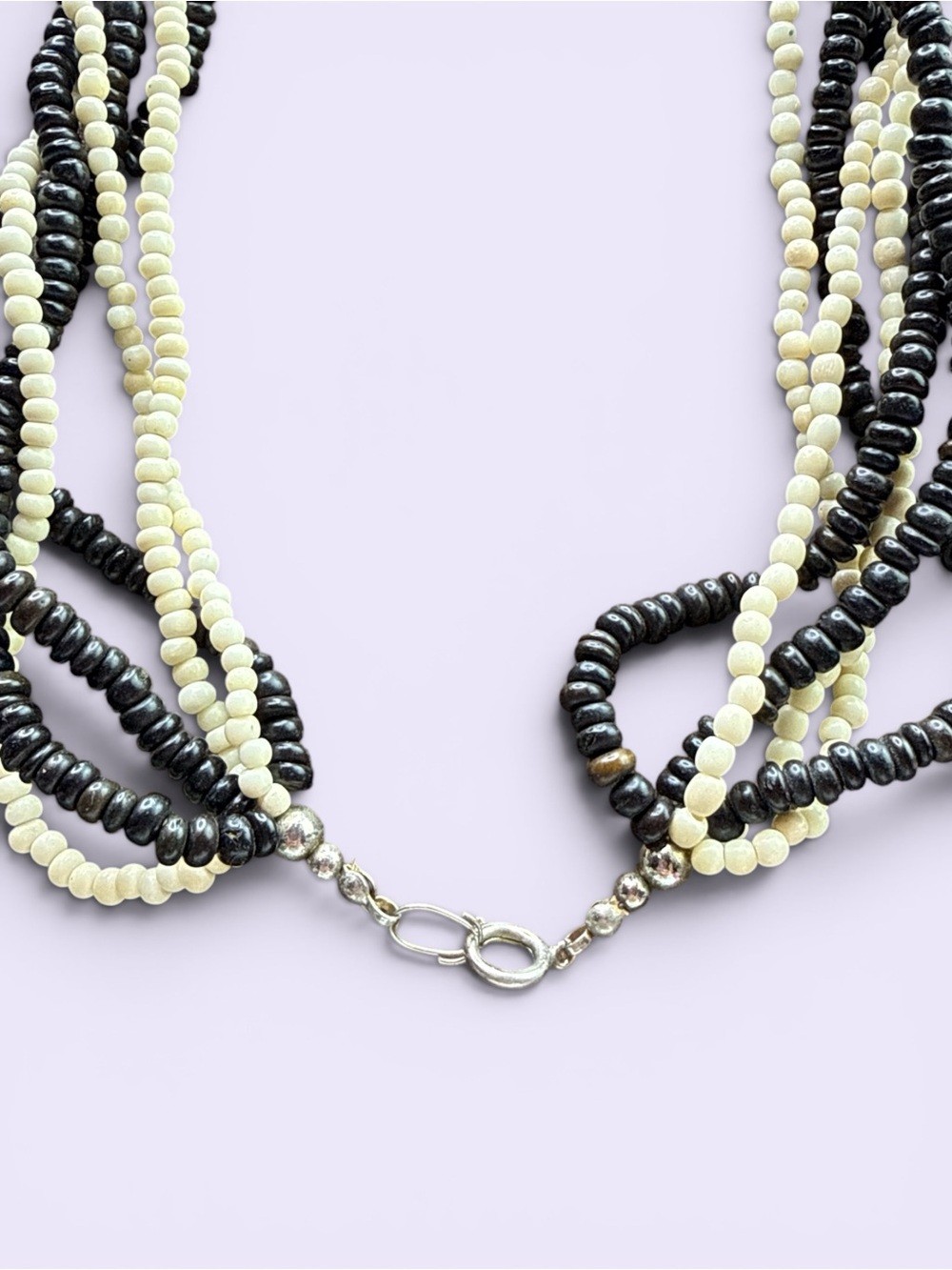 XL 1970s Mother of Pear Mosaic Pendent Multi-Strand Necklace, Bone, Seed Bead