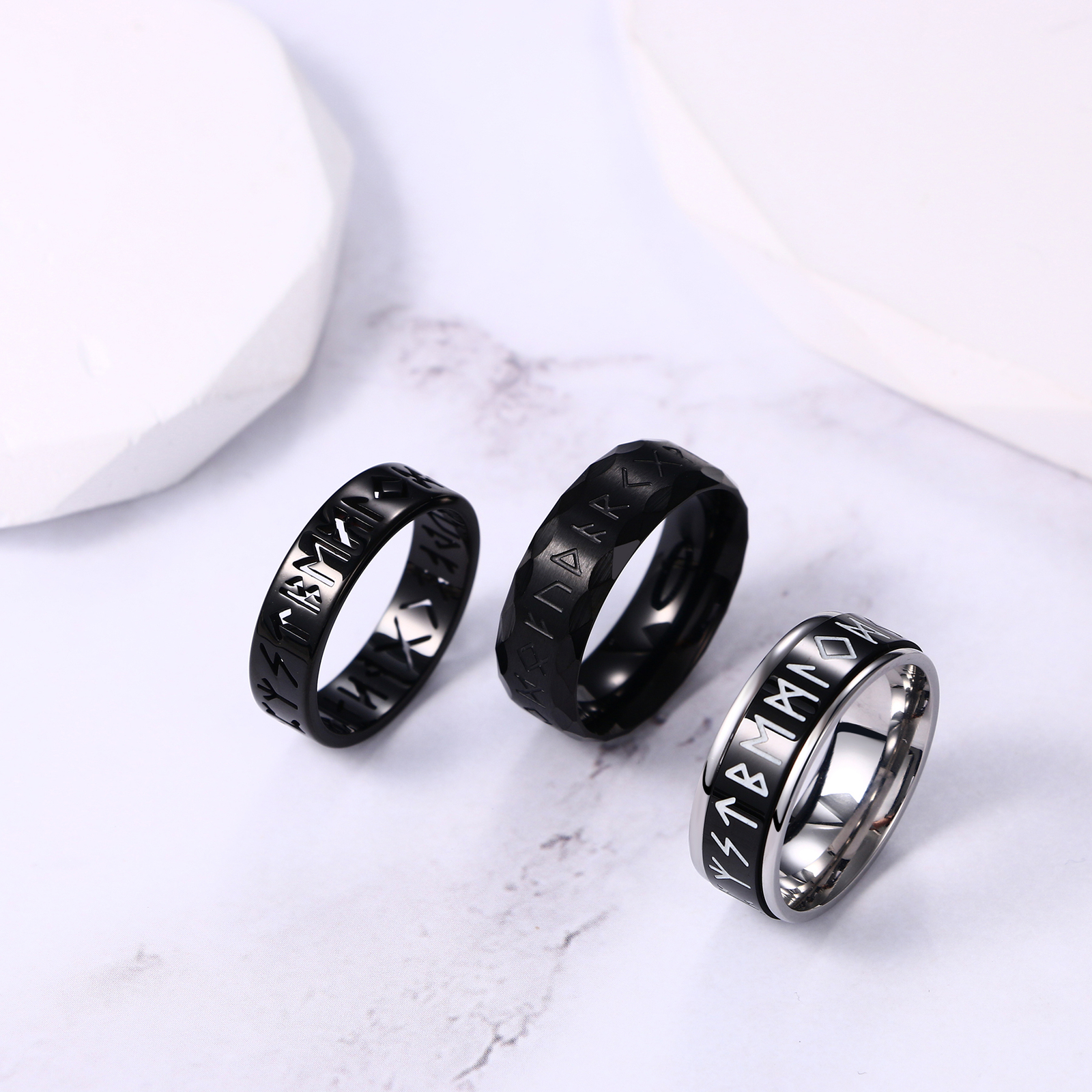 3PCS Mens Norse Viking Runes Stainless Steel Ring 8MM Spinner Anxiety Band #6-12