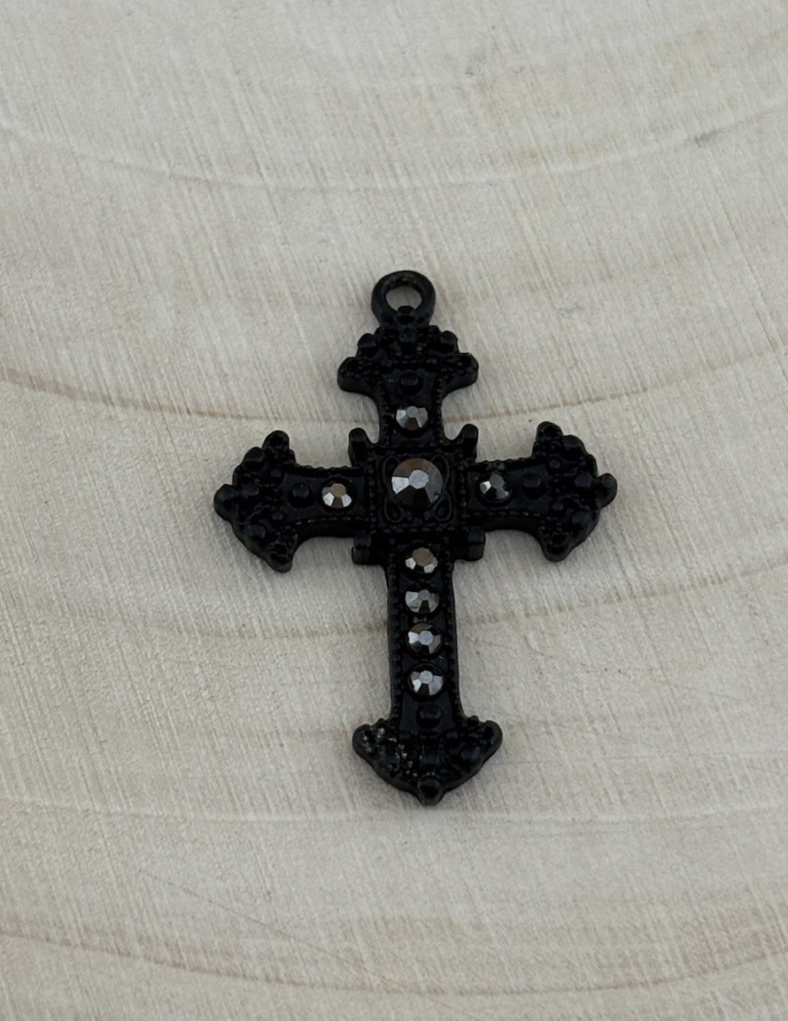 Black Gothic Cross Pendant Black Rhinestones Jewelry Making Charm 1.25 Inch
