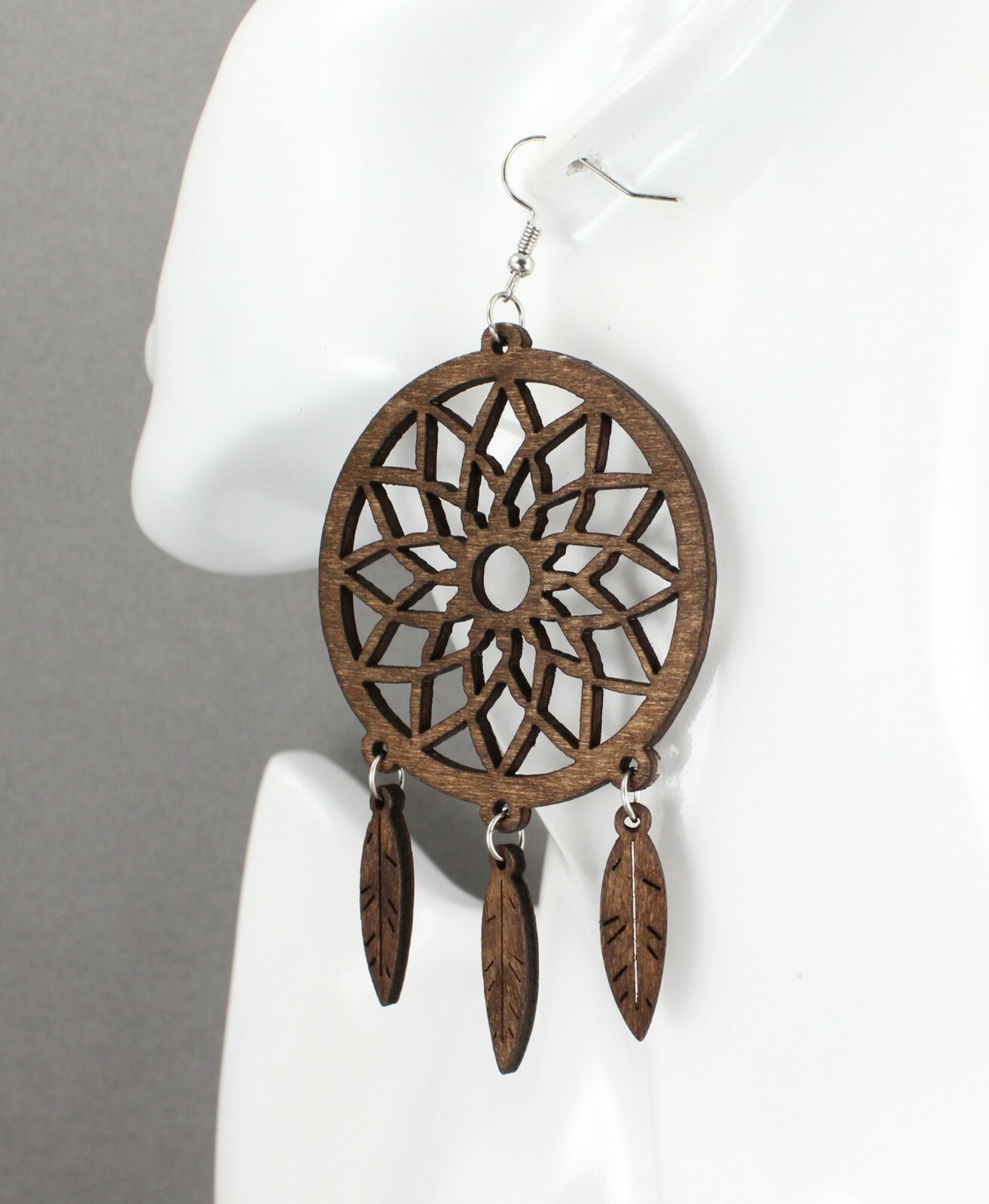 Dark Brown wood dream catcher feather earrings big lightweight leaf 4.25″ long
