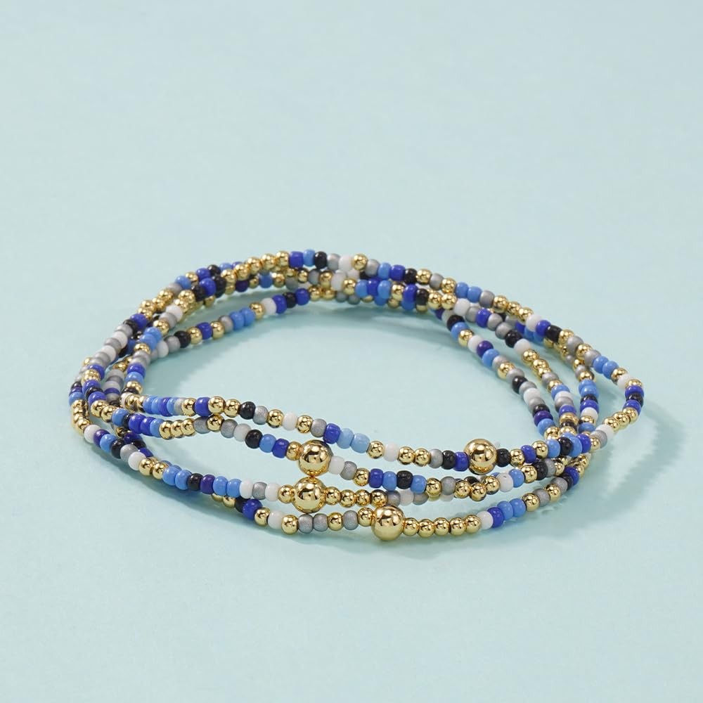 Royal Blue Seed Beaded Stack Bracelets Set for Women,Small Boho 4Pcs Colorful…